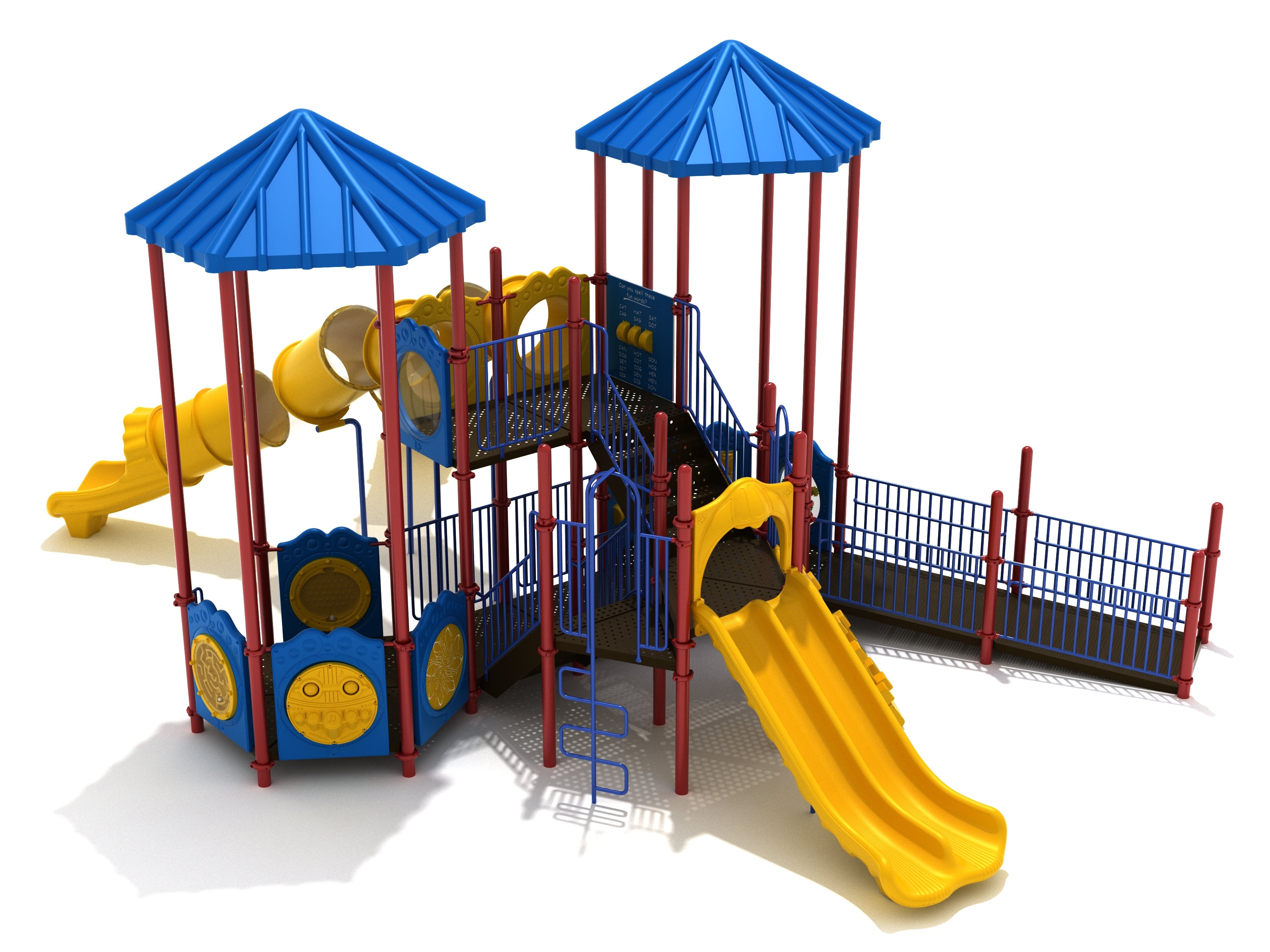Lincoln Lookout Playground with blue roofs, red supports, accessible ramp, activity panels, double slide, and twin yellow tube slides