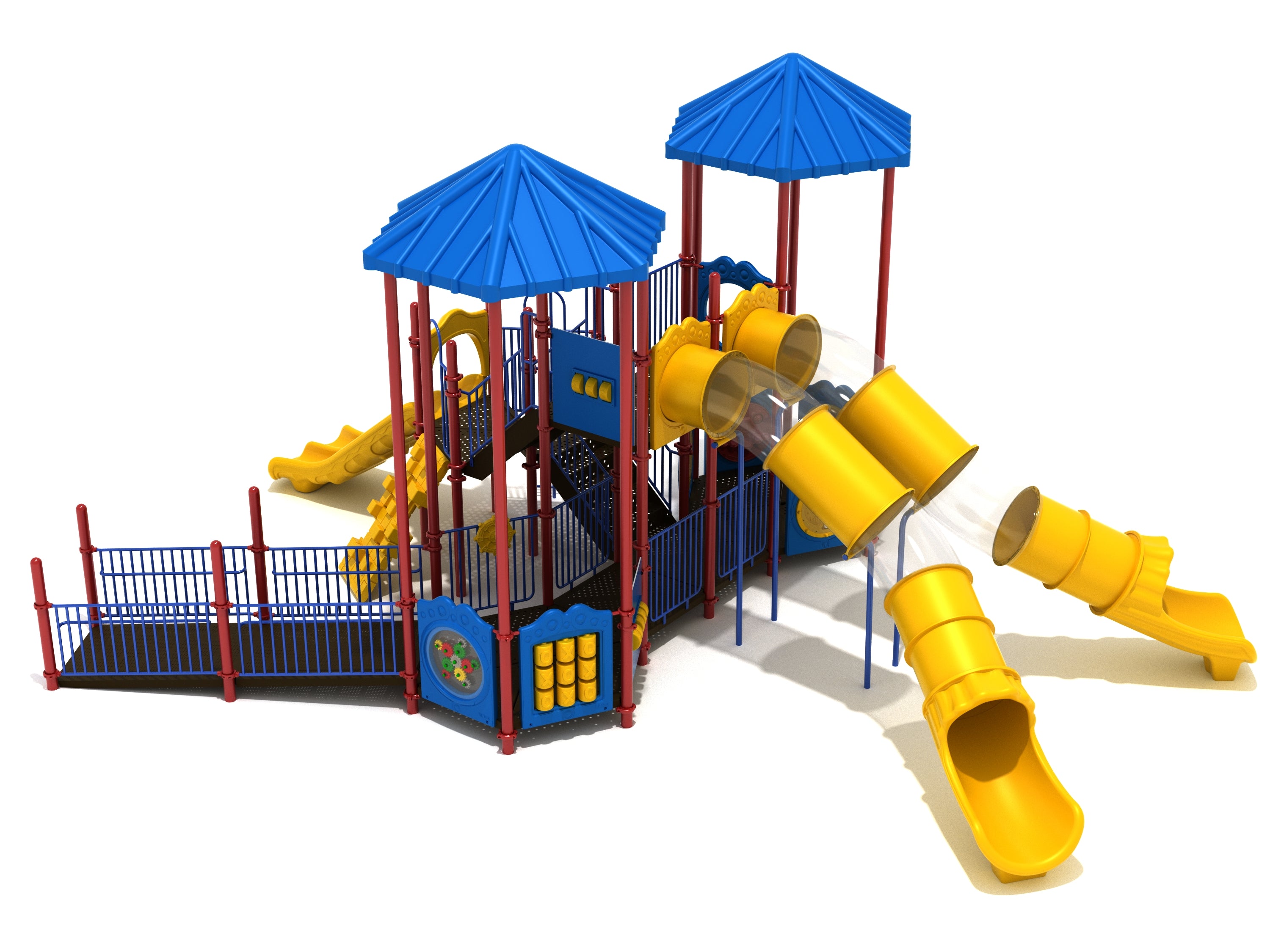 Colorful accessible playground with blue roofs, yellow tube slides, ramps, and interactive activity panels for inclusive play.
