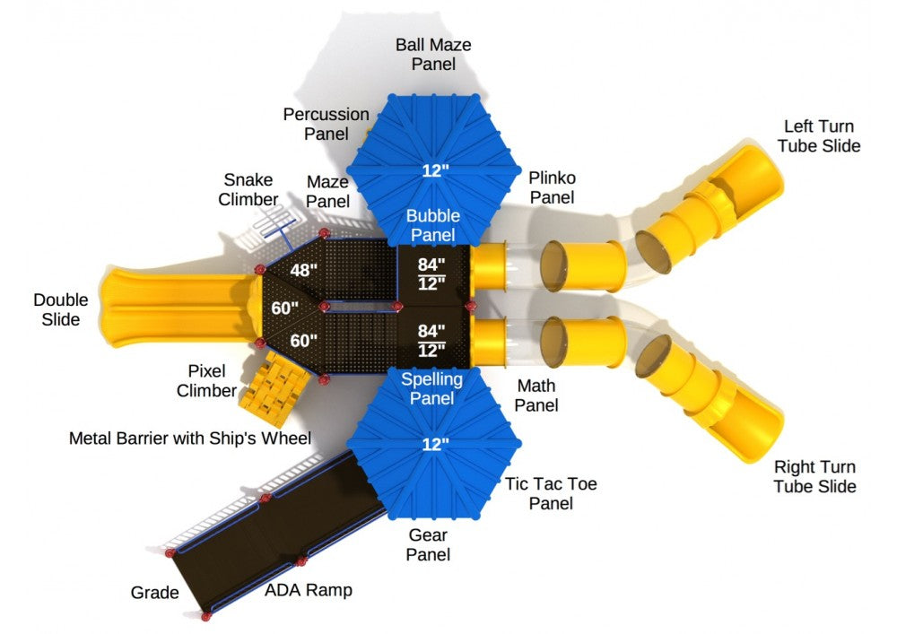 Overhead view of accessible playground with double slide, two tube slides, ramps, climbers, and interactive activity panels
