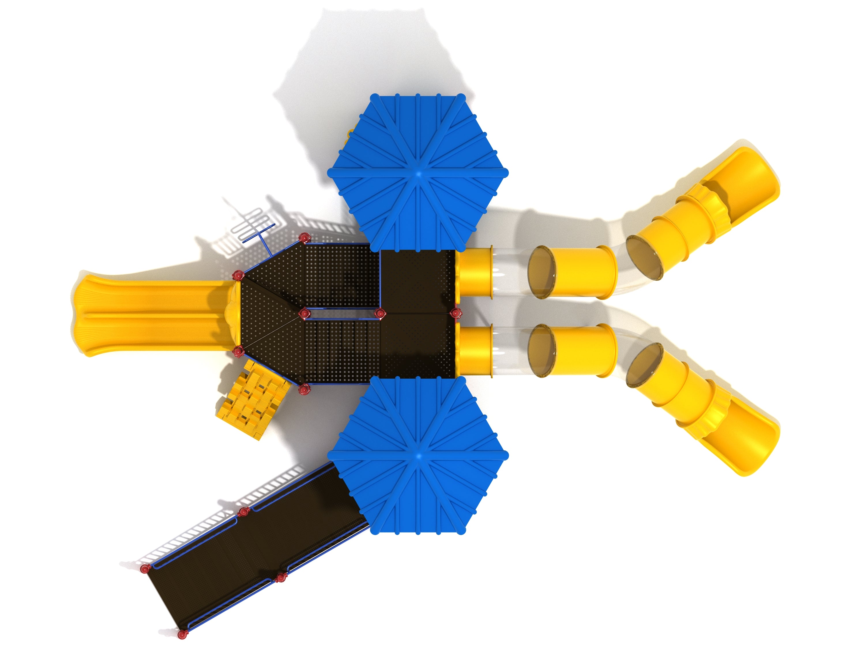 Overhead view of a large accessible playground with blue roofs, yellow slides, ramps, and climbing features