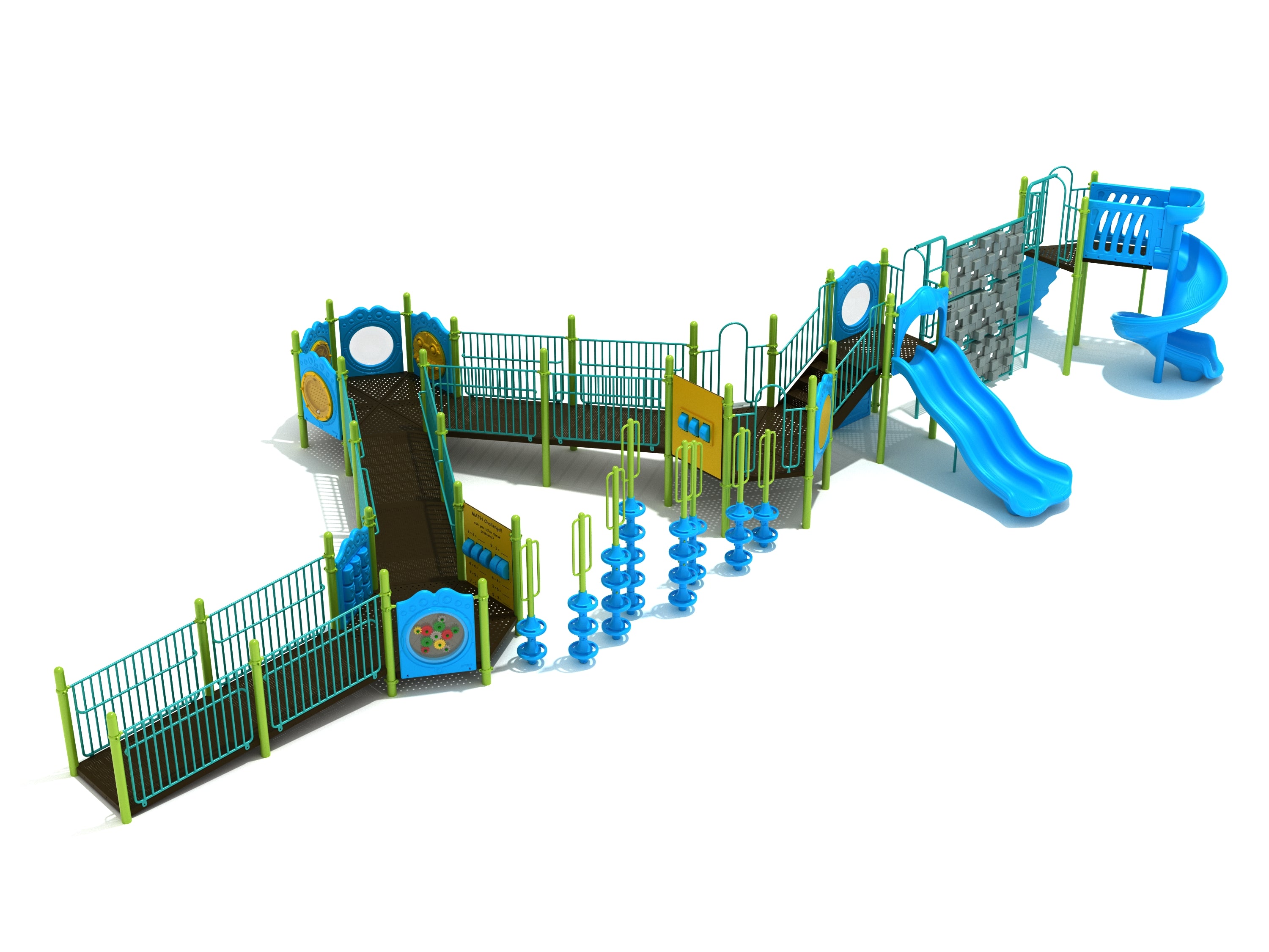 Caprock Canyons Playground with wheelchair ramps, activity panels, slides, climbers, and blue-green play structure