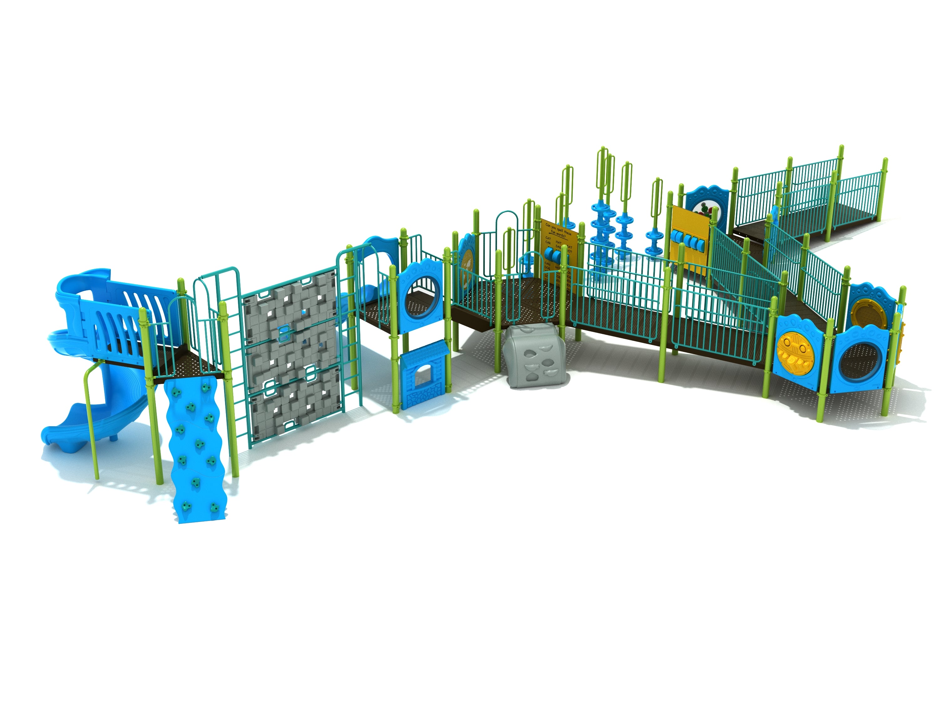 Accessible playground with wheelchair ramps, hexagonal platforms, climbing walls, activity panels, and spiral slide