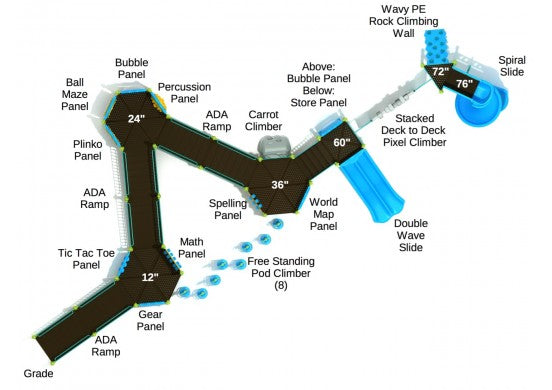 Overhead view of a large accessible playground with ramps, activity panels, pod climbers, and multiple slides including spiral and double wave slides