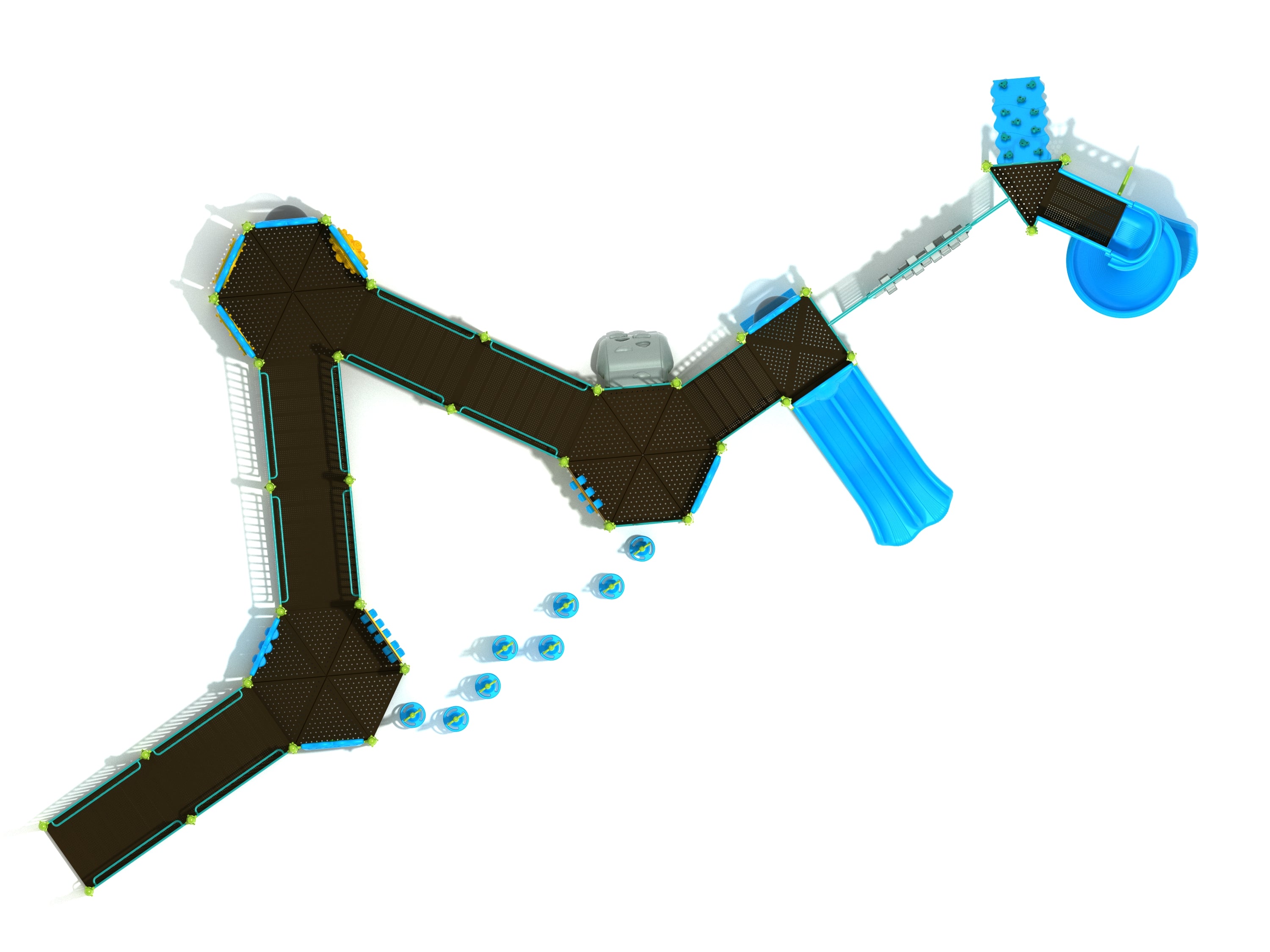 Overhead view of large accessible playground with hexagonal platforms, wide ramps, blue slides, and climbing pods