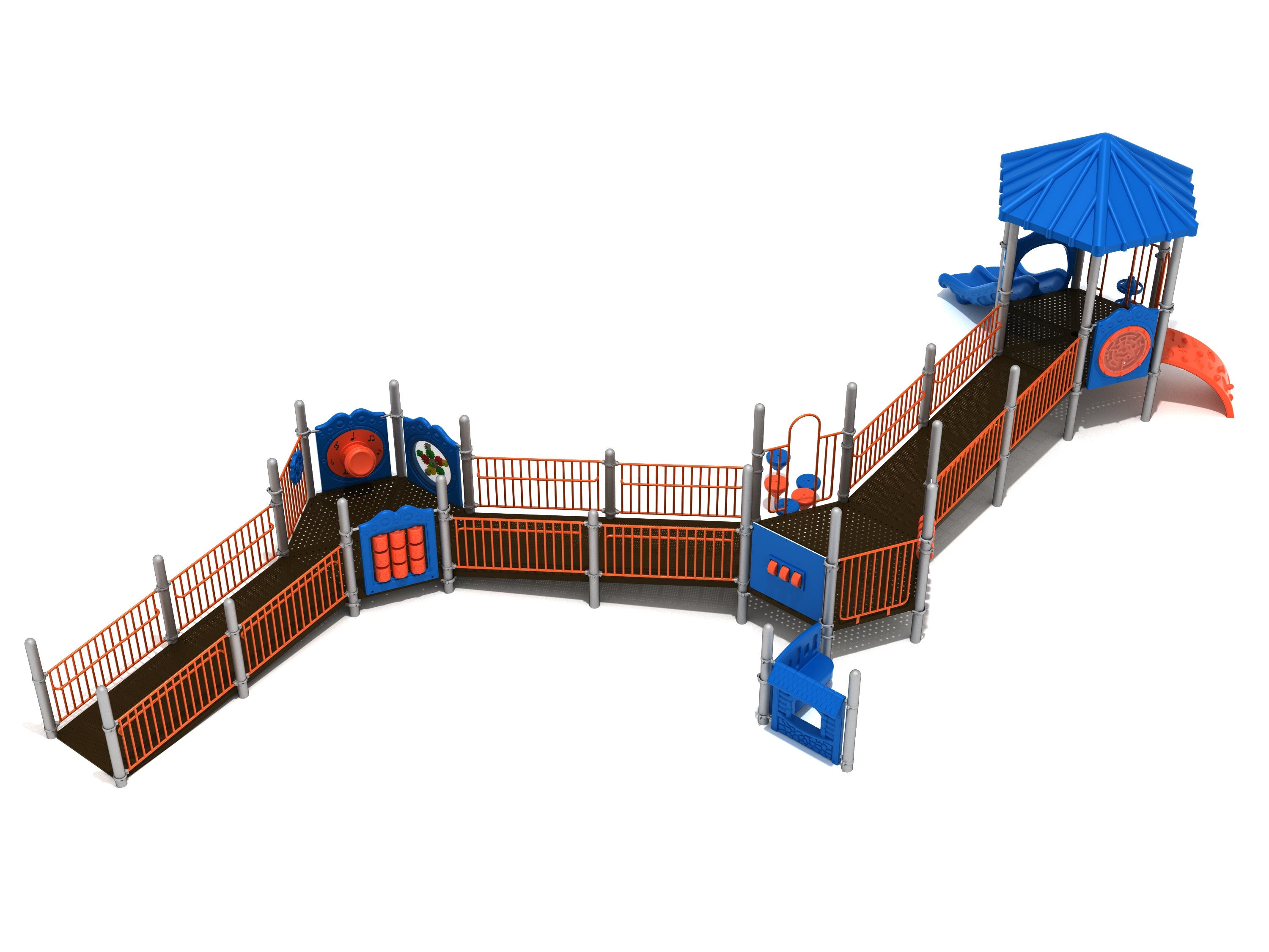 High Sierra Playground with blue roof, orange railings, accessible ramps, activity panels, and double slide