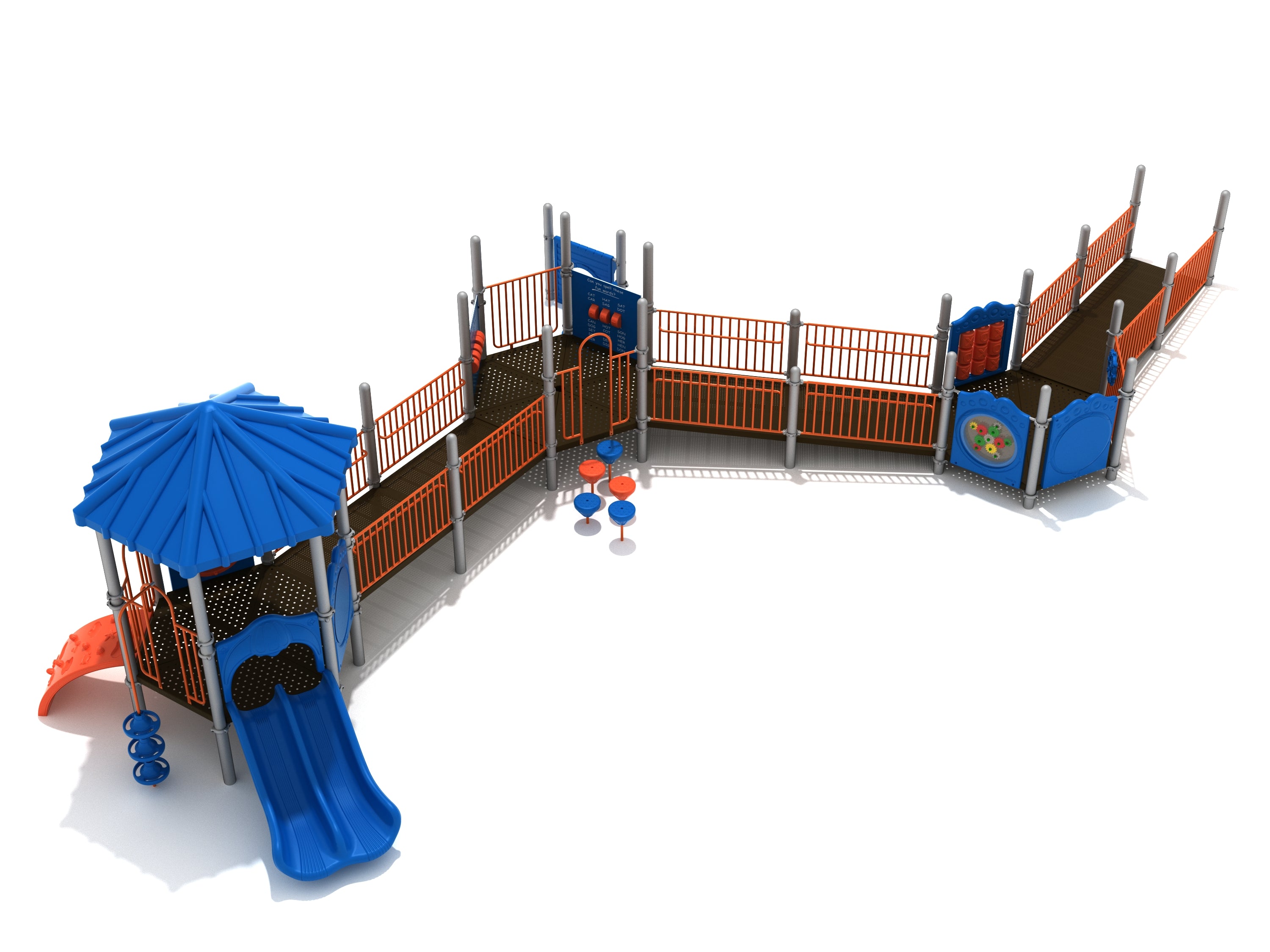 Accessible playground structure with blue double slide, orange railings, ramps, and interactive activity panels for inclusive play.