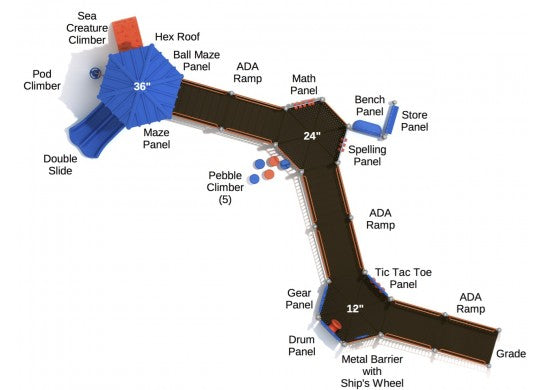 Overhead view of accessible playground with ramps, activity panels, climbers, and double slide under hex roof