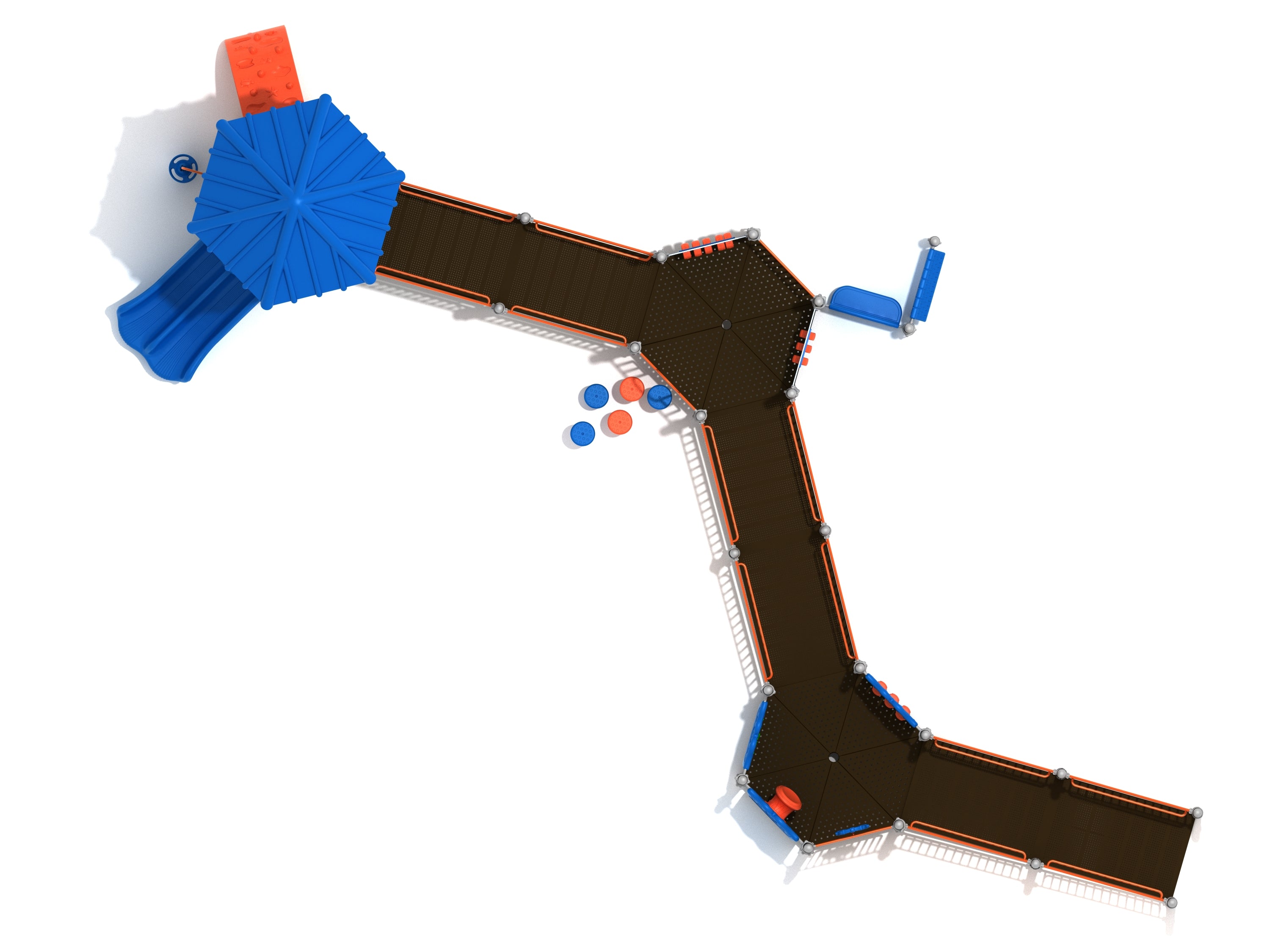 Overhead view of accessible playground with blue roofs, ramps, double slide, and interactive activity panels