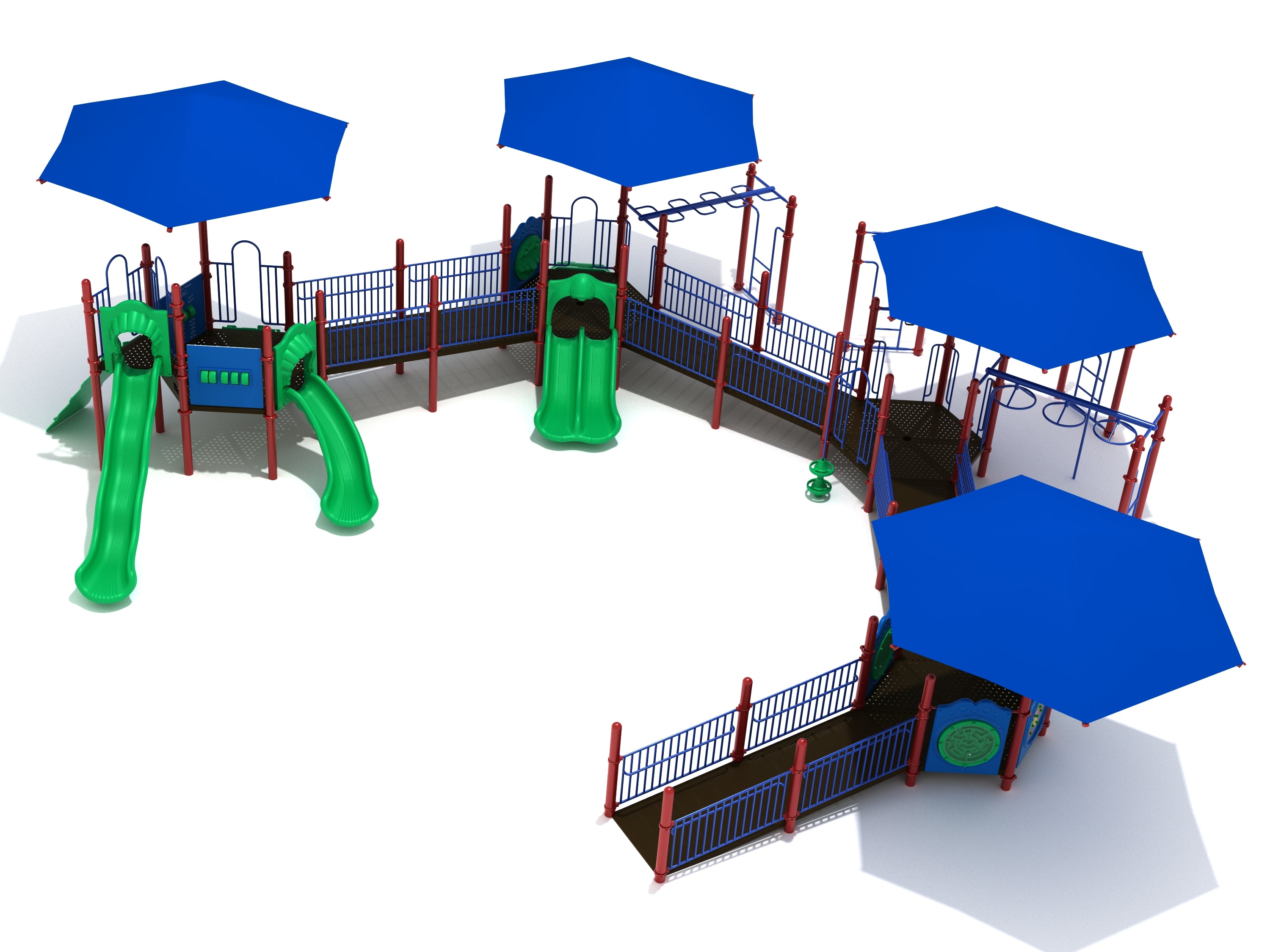 Turkey Trail Playground with blue hexagonal roofs, accessible ramps, green slides, climbing structures, and activity panels
