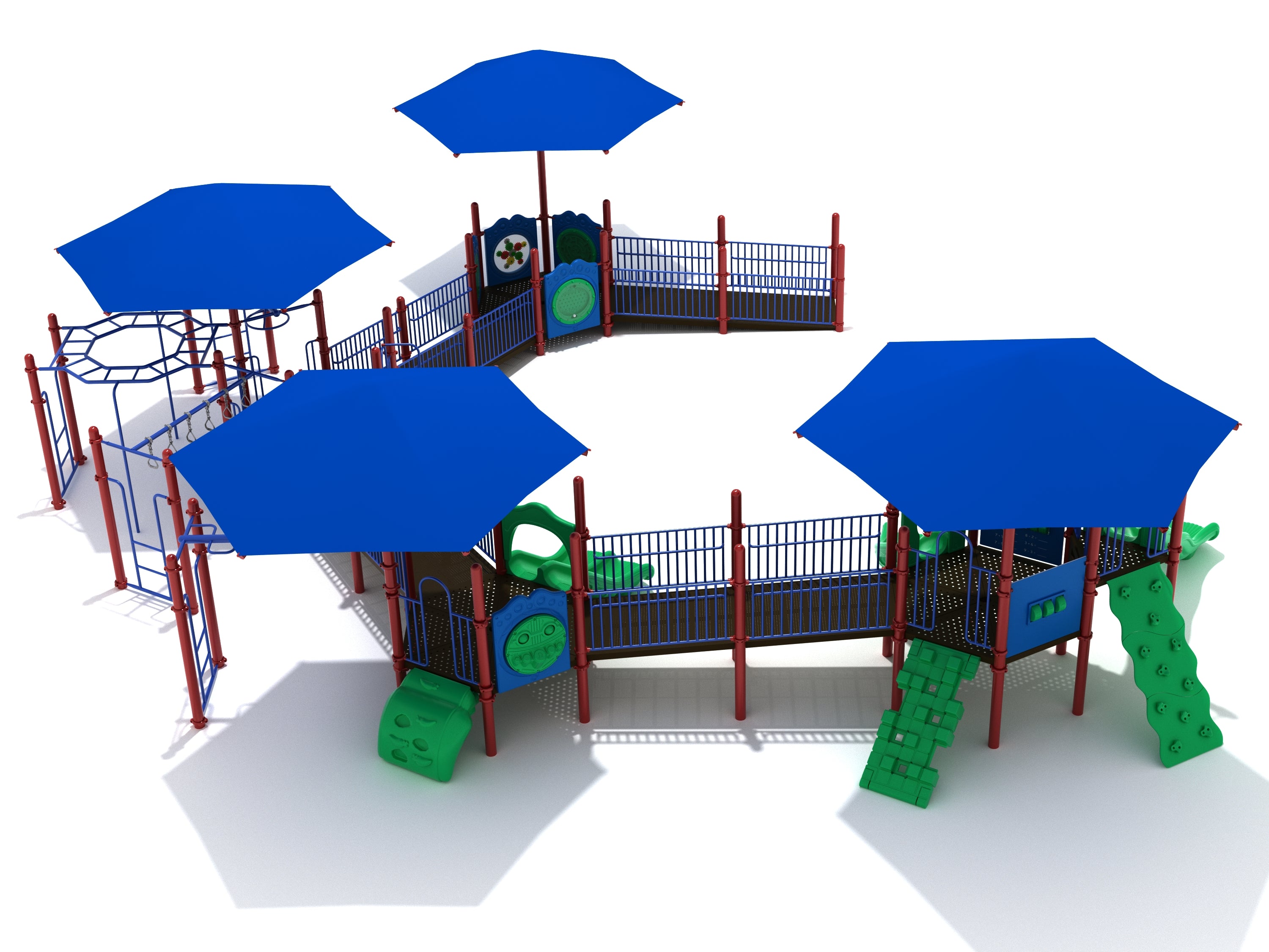 Large accessible playground with blue hexagonal roofs, green slides, ramps, climbers, and interactive activity panels.