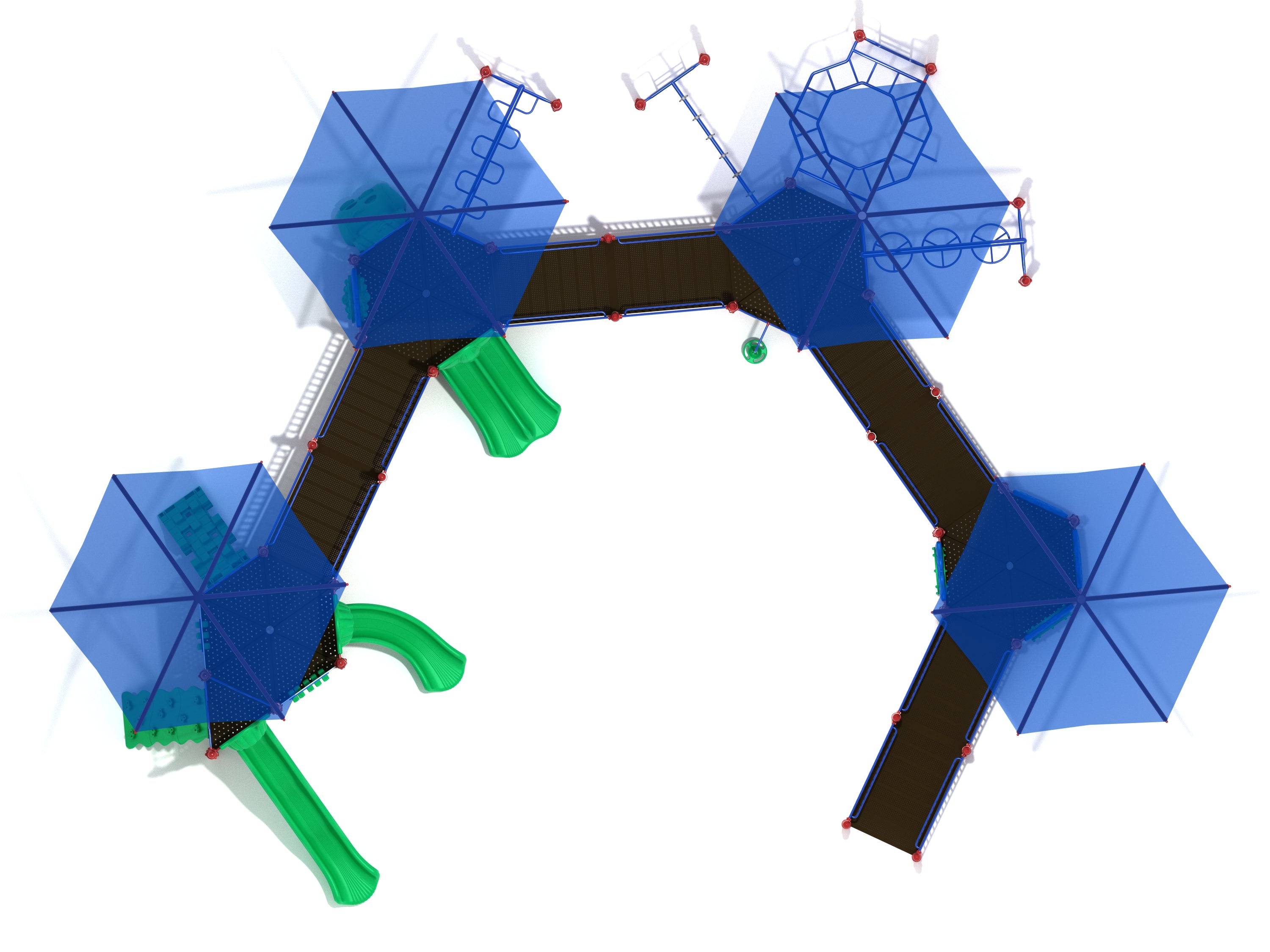 Overhead view of large accessible playground with blue hexagonal roofs, ramps, slides, climbers, and activity panels