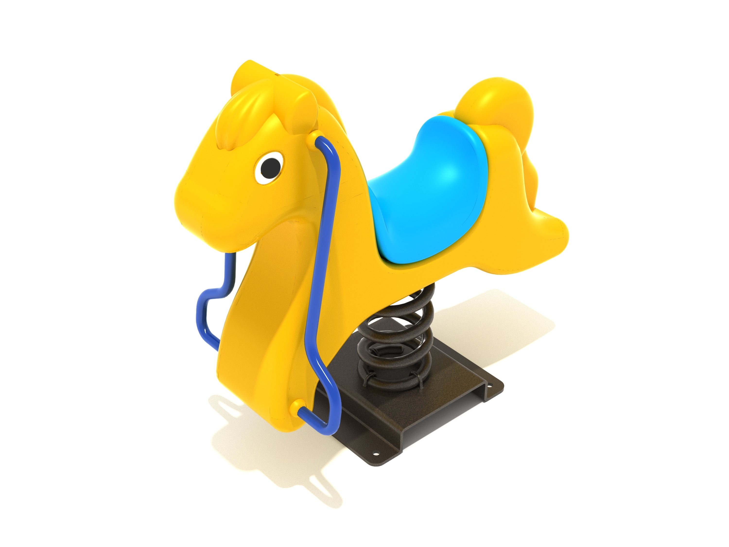 Poly Pony Fun Bouncer side view with yellow pony, blue seat and handles, black spring base playground equipment