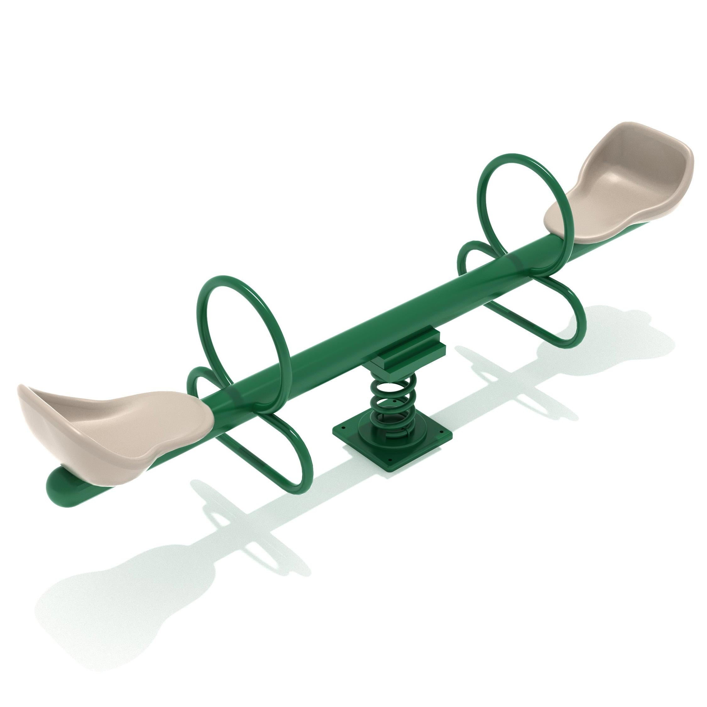 RockWell Teeter Duo in-ground rider, two-person green metal seesaw with neutral beige seats