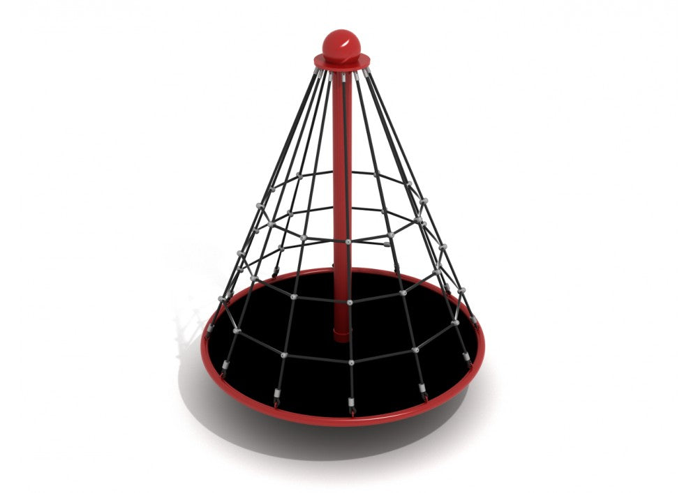 Star Ship Orbiter Merry-Go-Round Net Climber with red central pole, black climbing net, and circular base for playground adventure