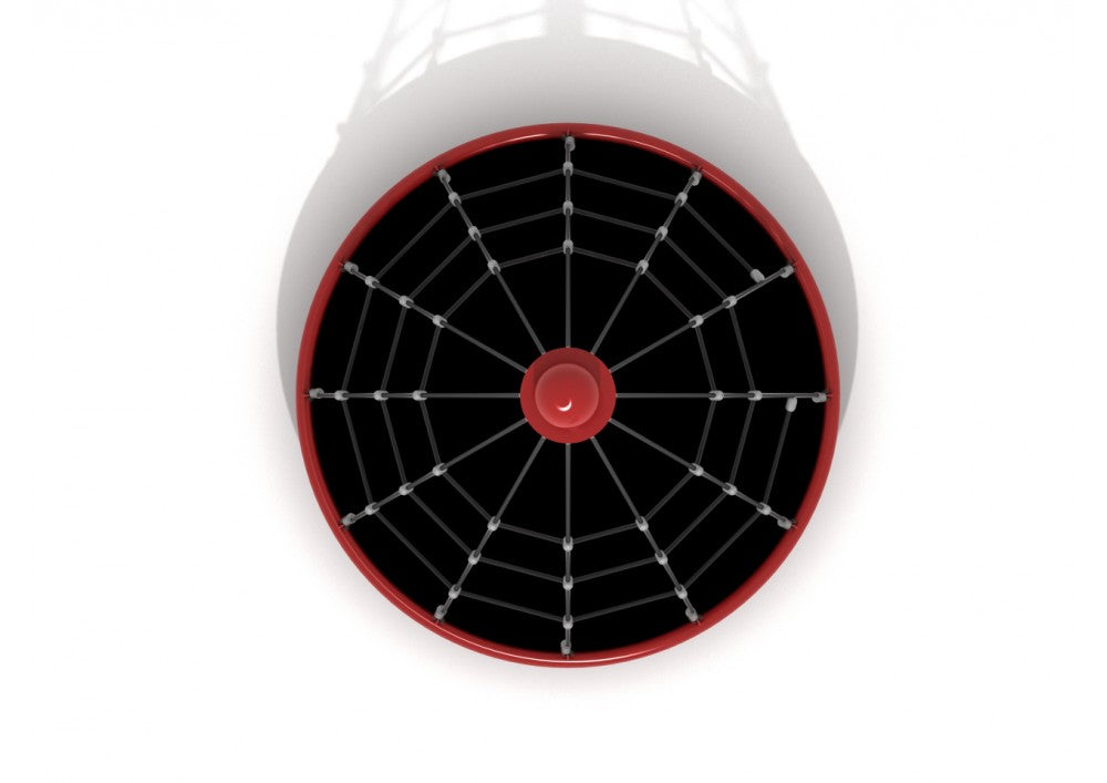 Overhead view of circular red merry-go-round with black net climber web pattern and central hub for active play