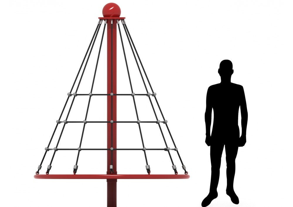 Red conical rope net climber with central pole and circular frame, shown next to human silhouette for scale