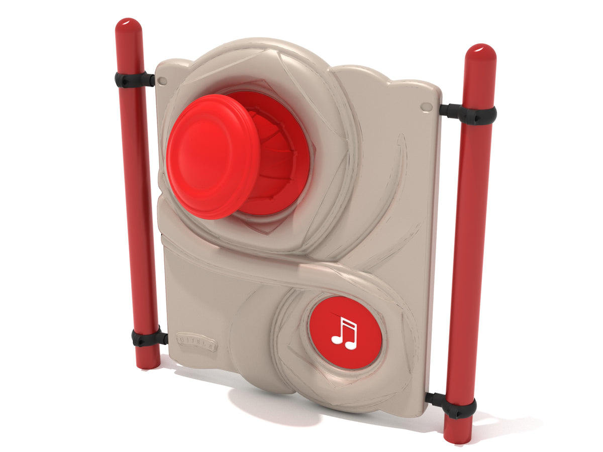 Outdoor playground musical drum panel with red drumhead, tan swirling panel, red posts, and white musical note symbol