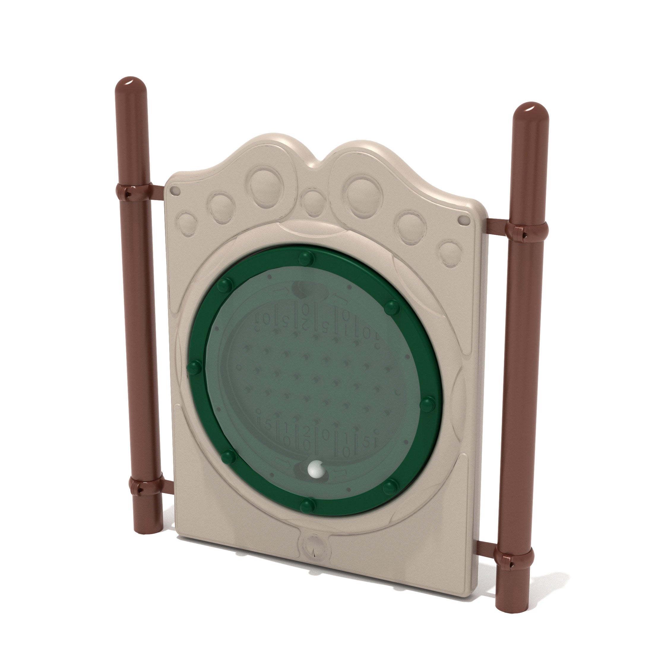 Freestanding outdoor Plinko game panel with beige frame, green circular pegboard, and brown support posts for play areas