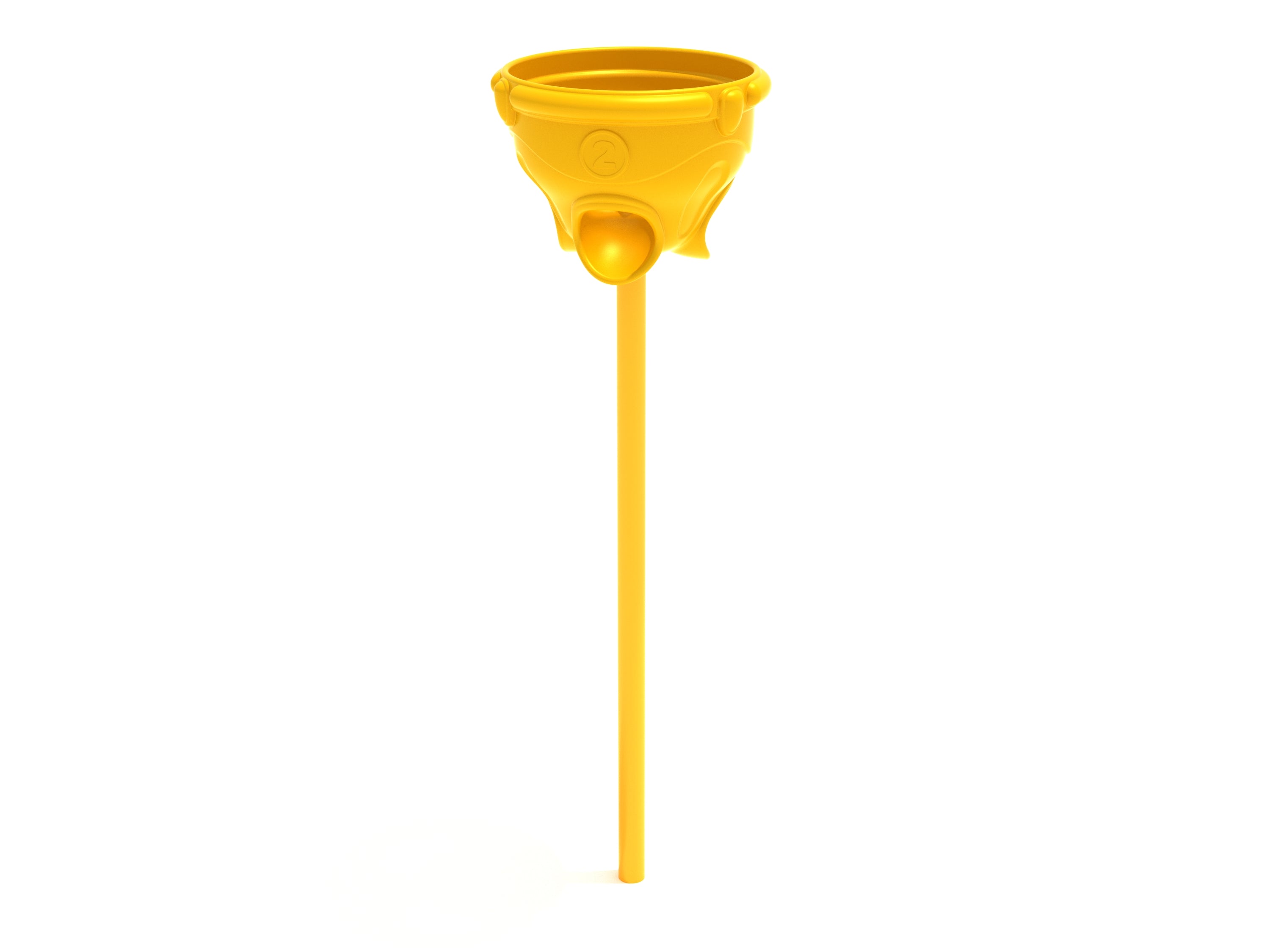 Bright yellow funnel ball game post with three scoring holes numbered with simple figures for active play