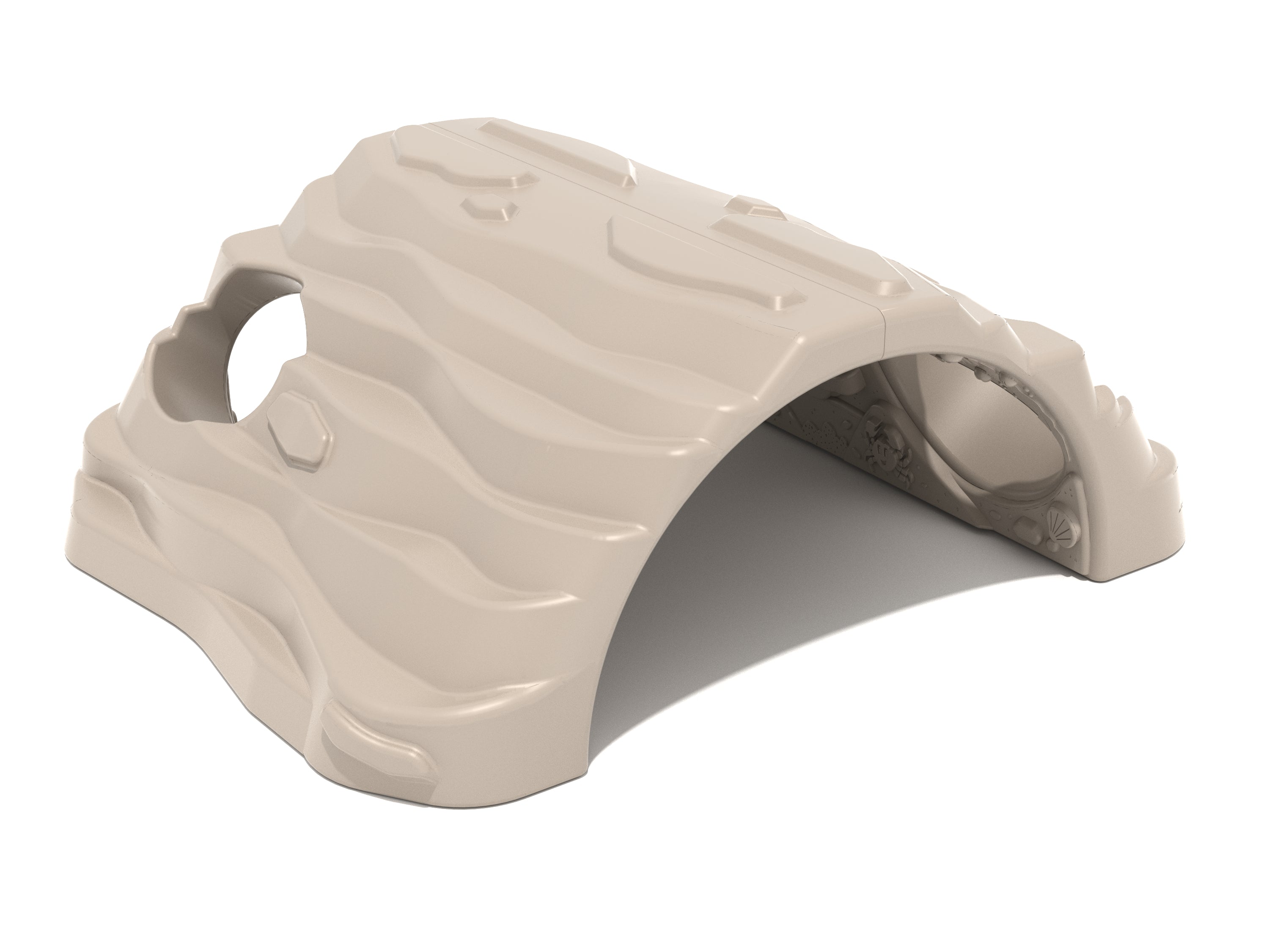 Beige underwater-themed playground climber with wave patterns, circular openings, and embossed sea creature details.