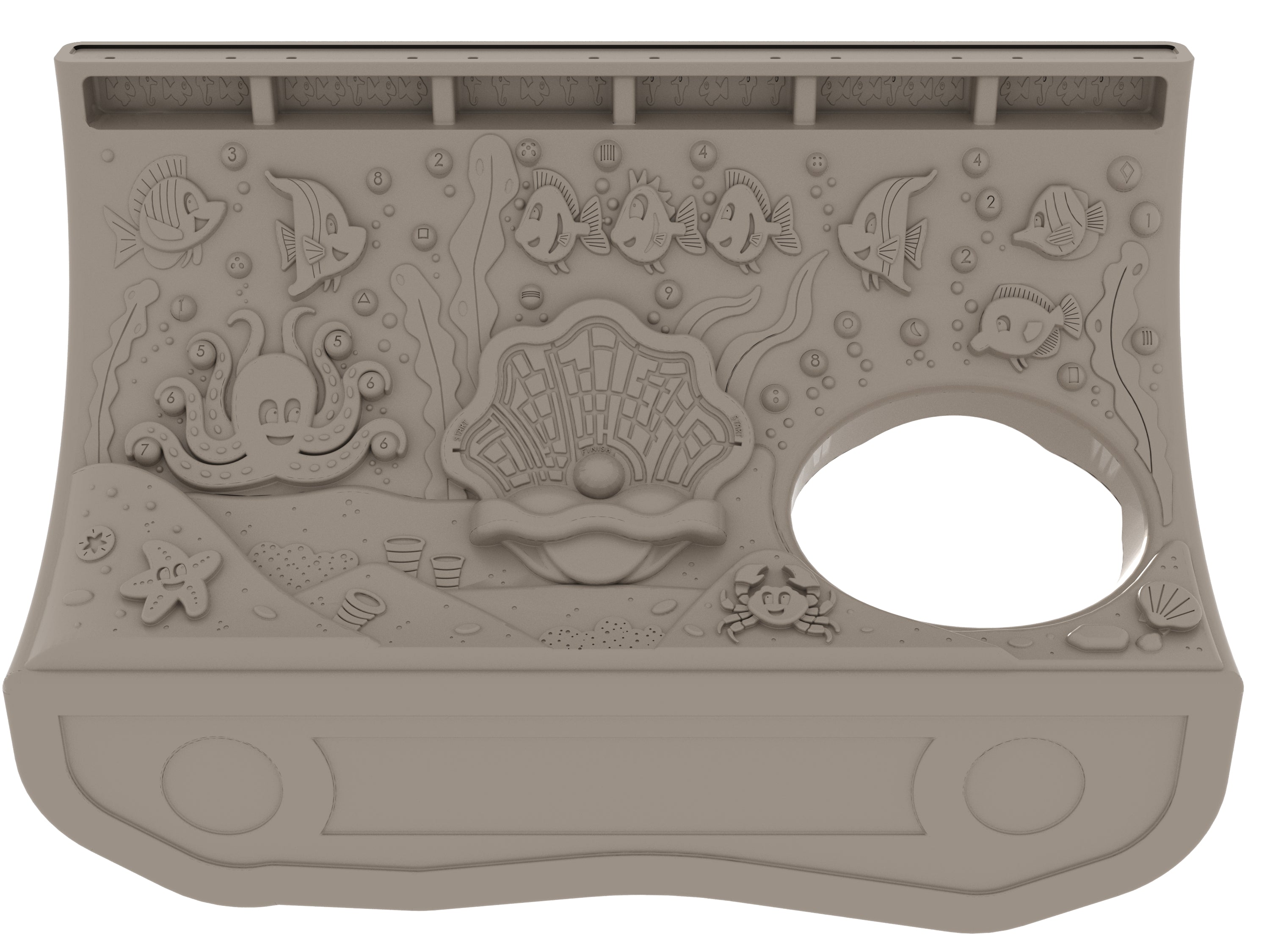 Overhead view of underwater-themed playground panel featuring fish, octopus, crab, starfish, and clam shell maze