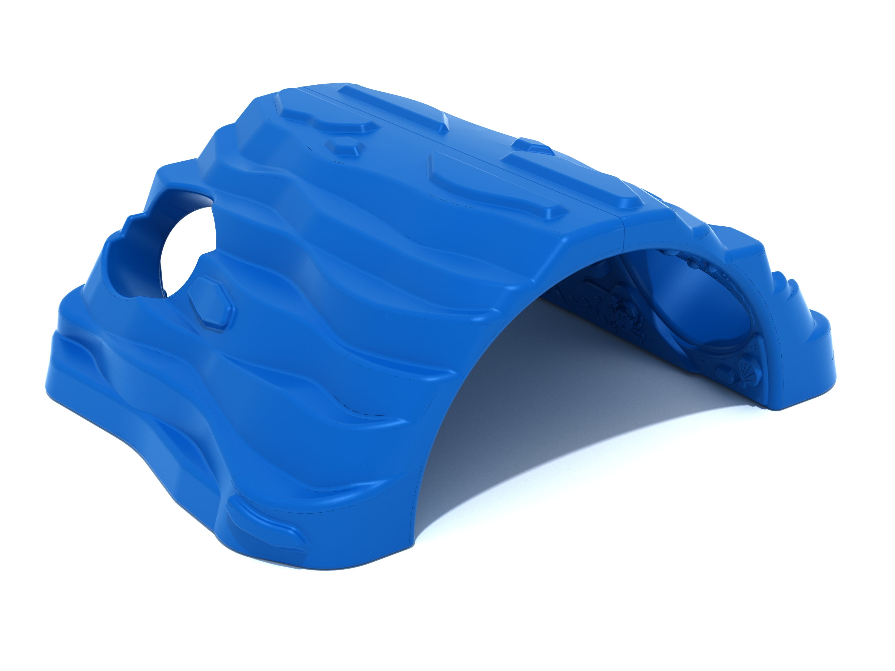 Blue underwater-themed playground climber with wave patterns and circular openings for climbing and crawling