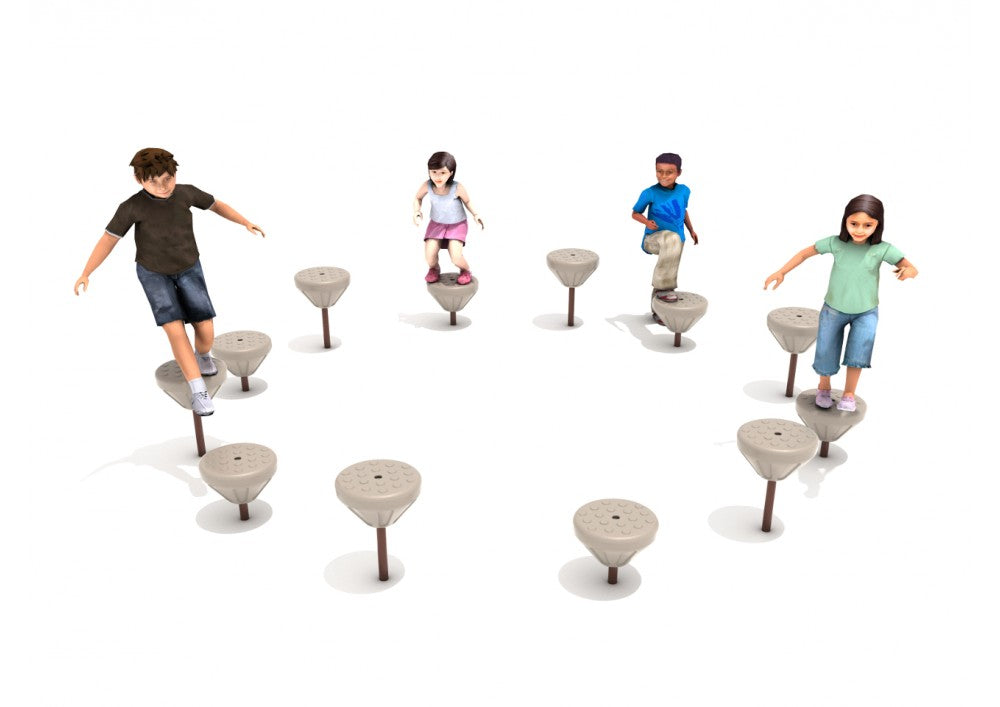 Children balancing on tan circular playground pods arranged in a curved path with textured, non-slip surfaces