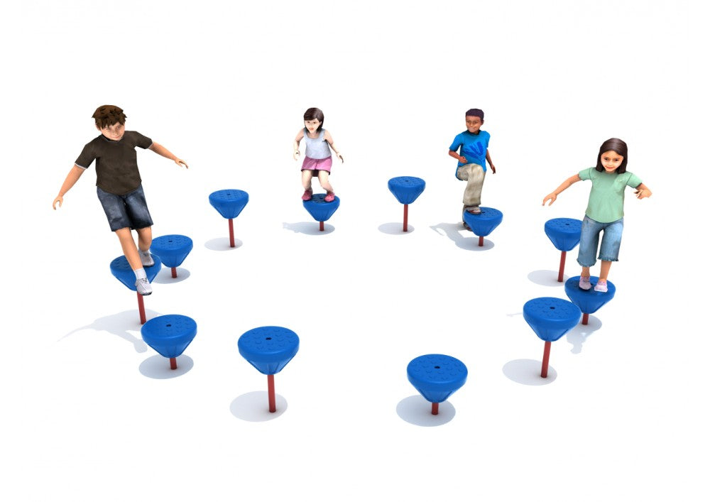 Children balancing and hopping on colorful elevated circular playground pods arranged in a curved path