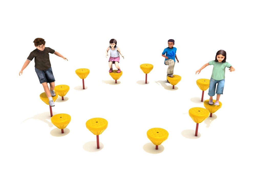 Children balancing on bright yellow circular playground pods arranged in a curved path for active play and coordination