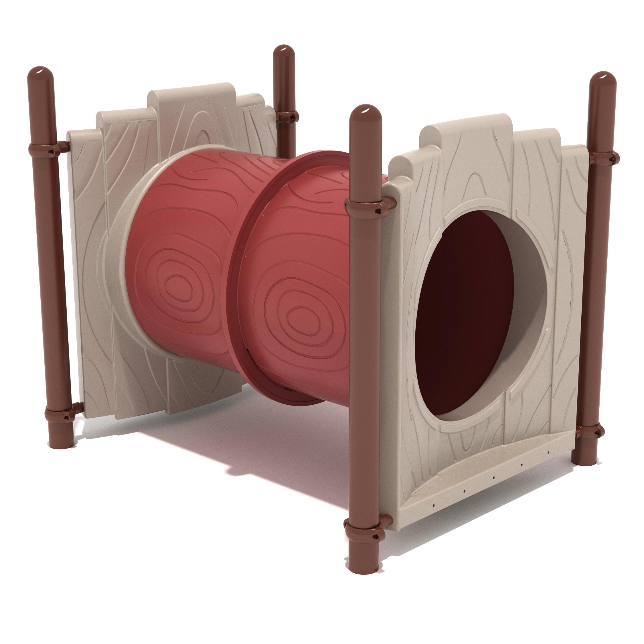 Trunk Crawler playground tunnel with realistic wood-patterned plastic panels, red climbing tunnel, and brown steel support posts