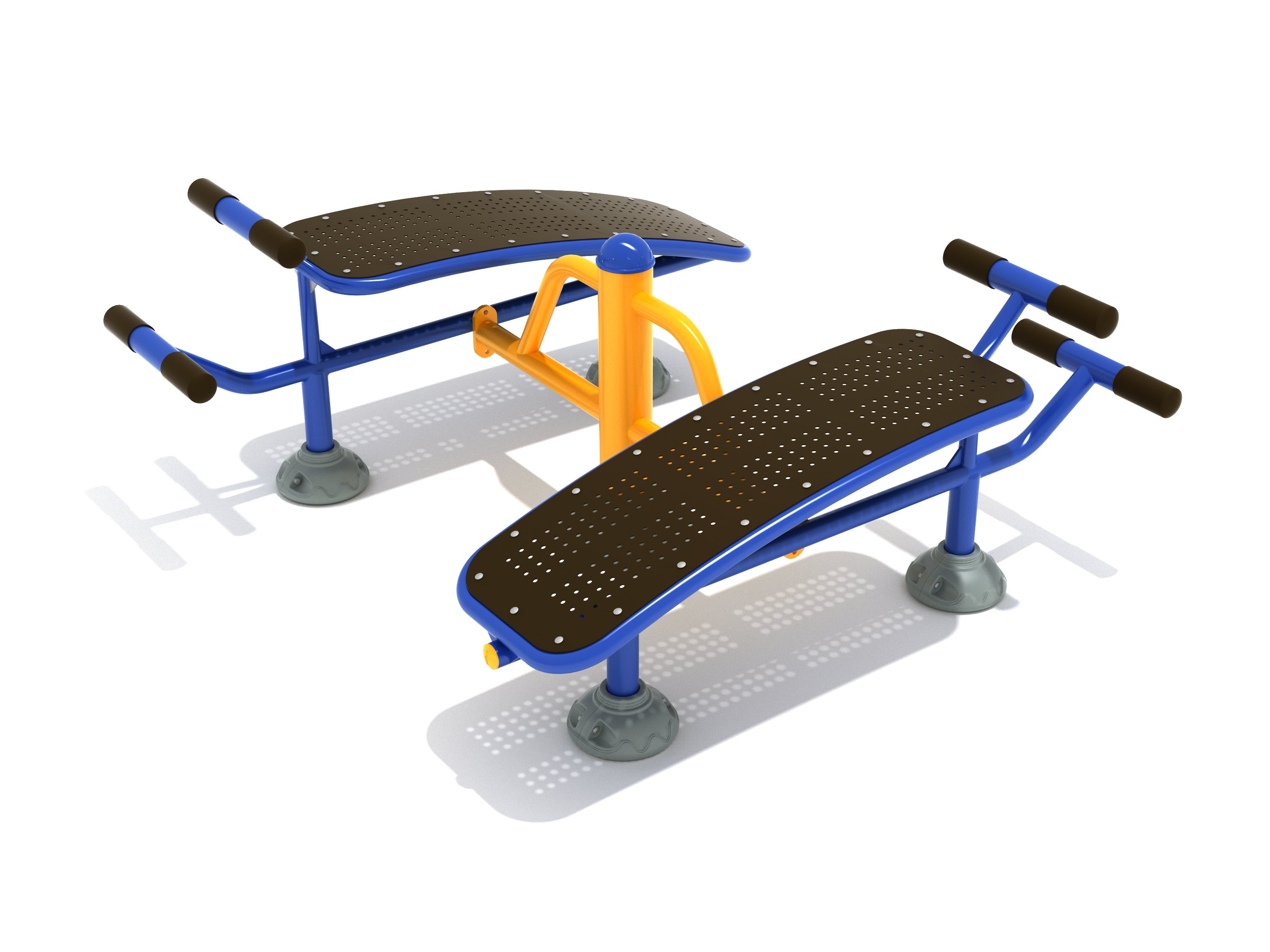 Double Station Sit Up Bench with blue steel frame, black perforated seats, and yellow central support for outdoor abdominal workouts