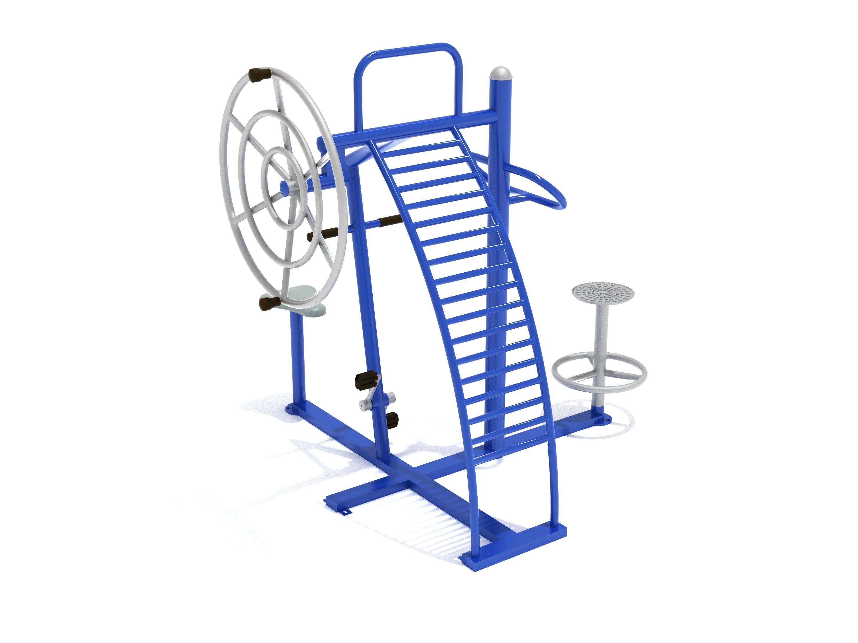 Quad Station Warm-Up outdoor fitness equipment with blue frame, silver rotating wheel, ladder, and twisting disc for muscle stretching