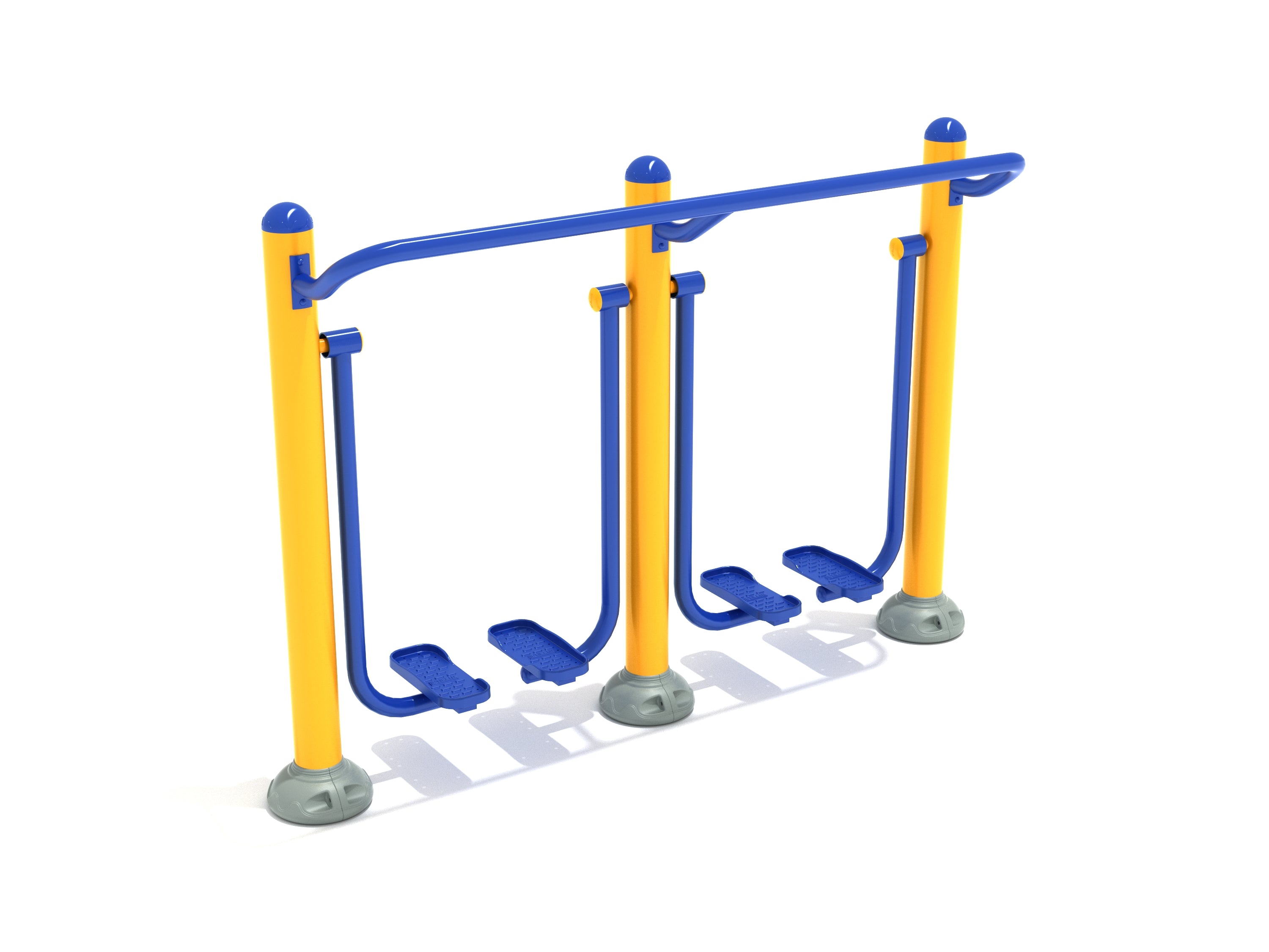 Double Station Sky Walker outdoor fitness equipment with blue foot pedals and yellow supports for dual users in a park setting