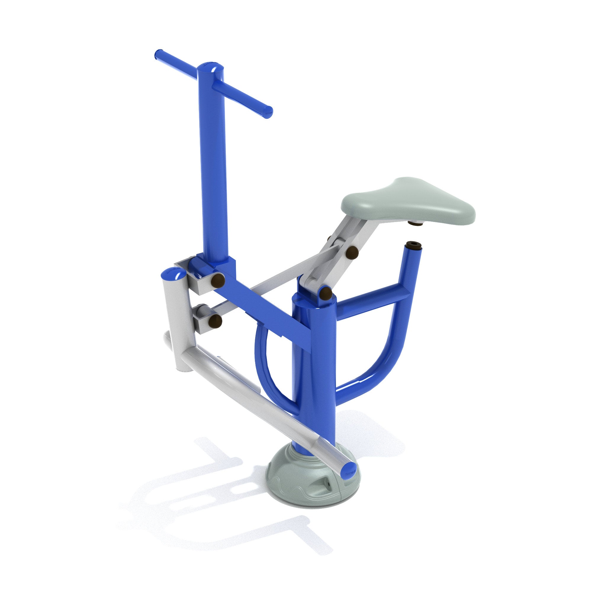 Single Station Fit Rider outdoor workout equipment with blue and silver galvanized steel frame and padded seat, top side view