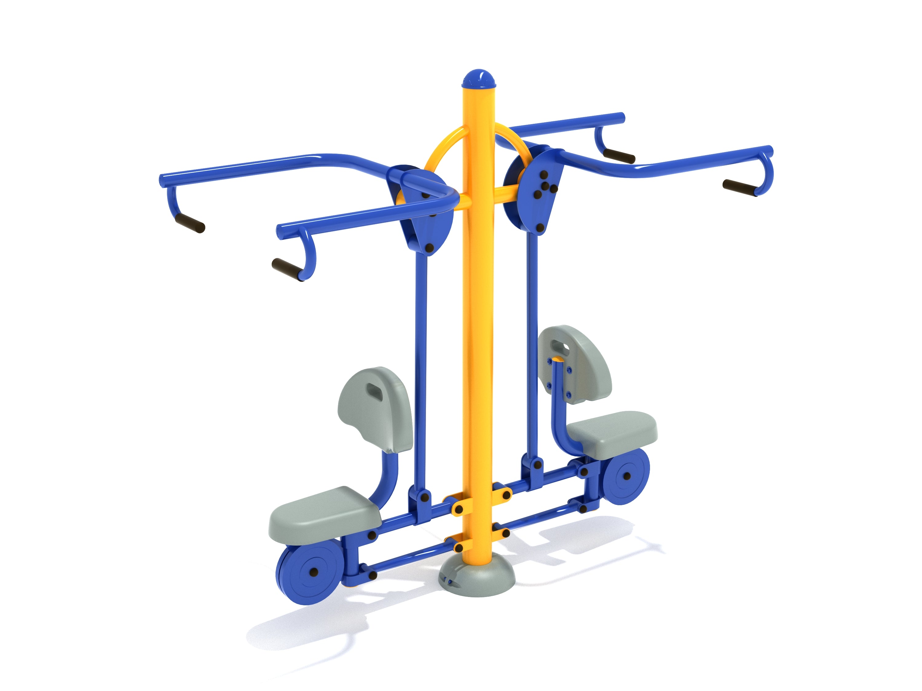 Double Station Lat Pulldown outdoor fitness equipment with dual blue pull-down arms, gray seats, and yellow central support for two users