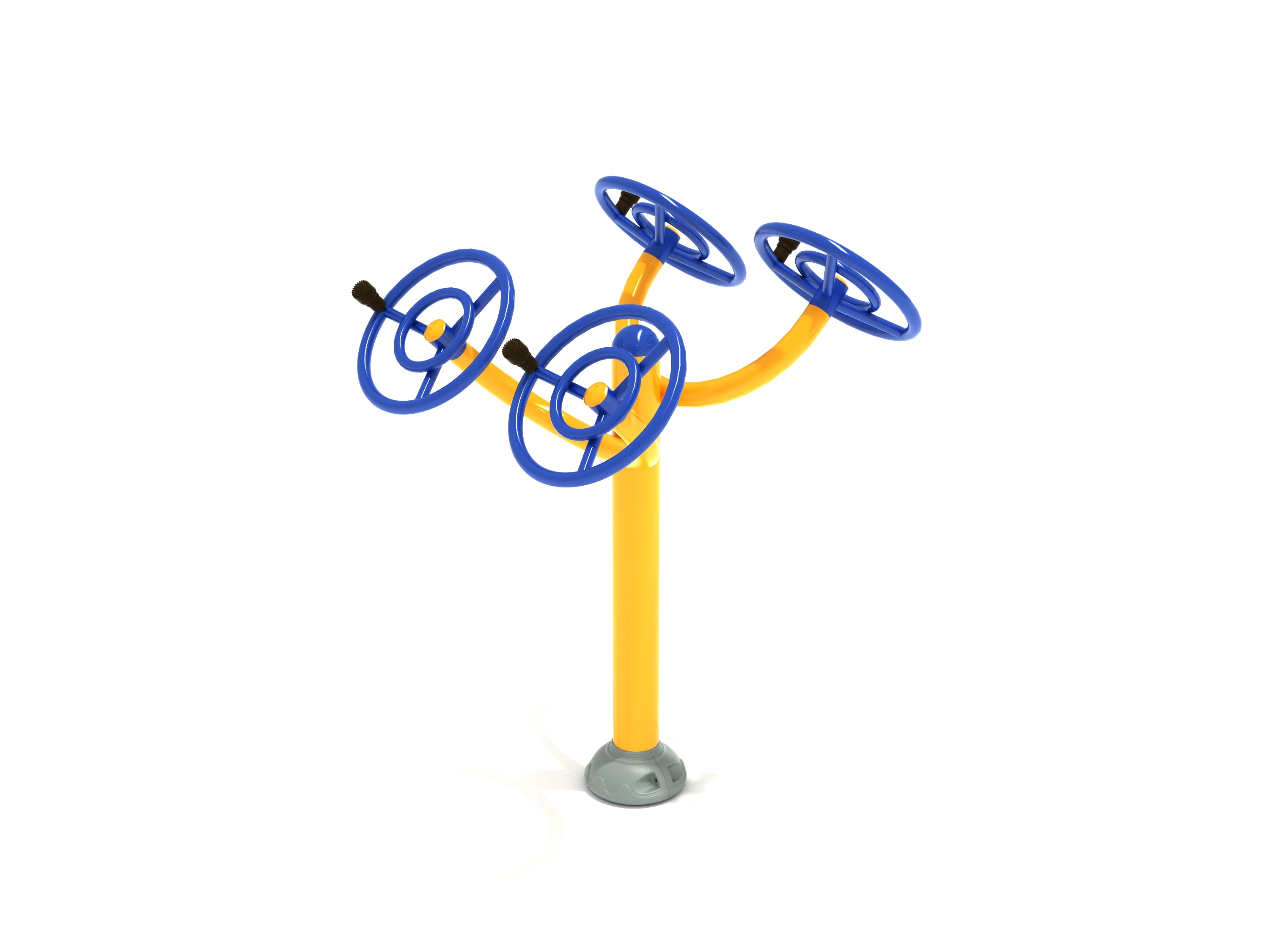 Double Station Arm Rotation outdoor fitness equipment with yellow frame and blue rotating arm wheels for upper body warm-up