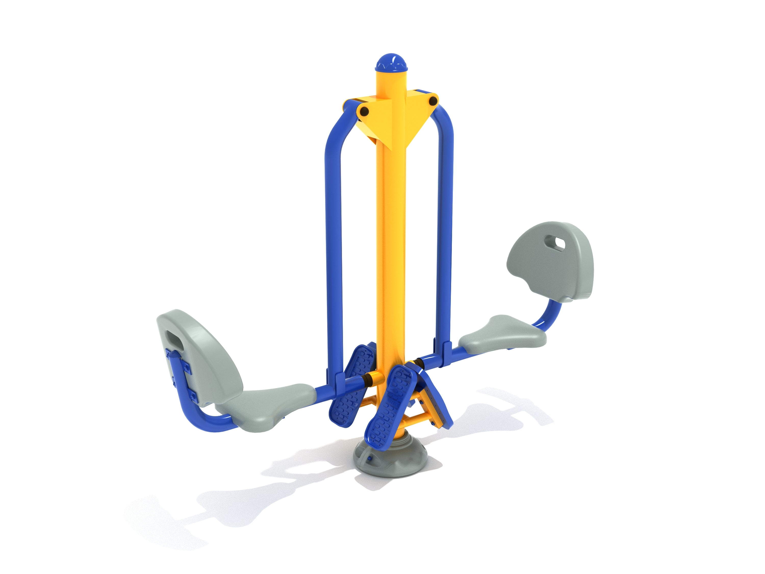 Double Station Leg Press outdoor workout equipment with blue and yellow frame, two gray seats, and foot pedals for dual-user leg strength training