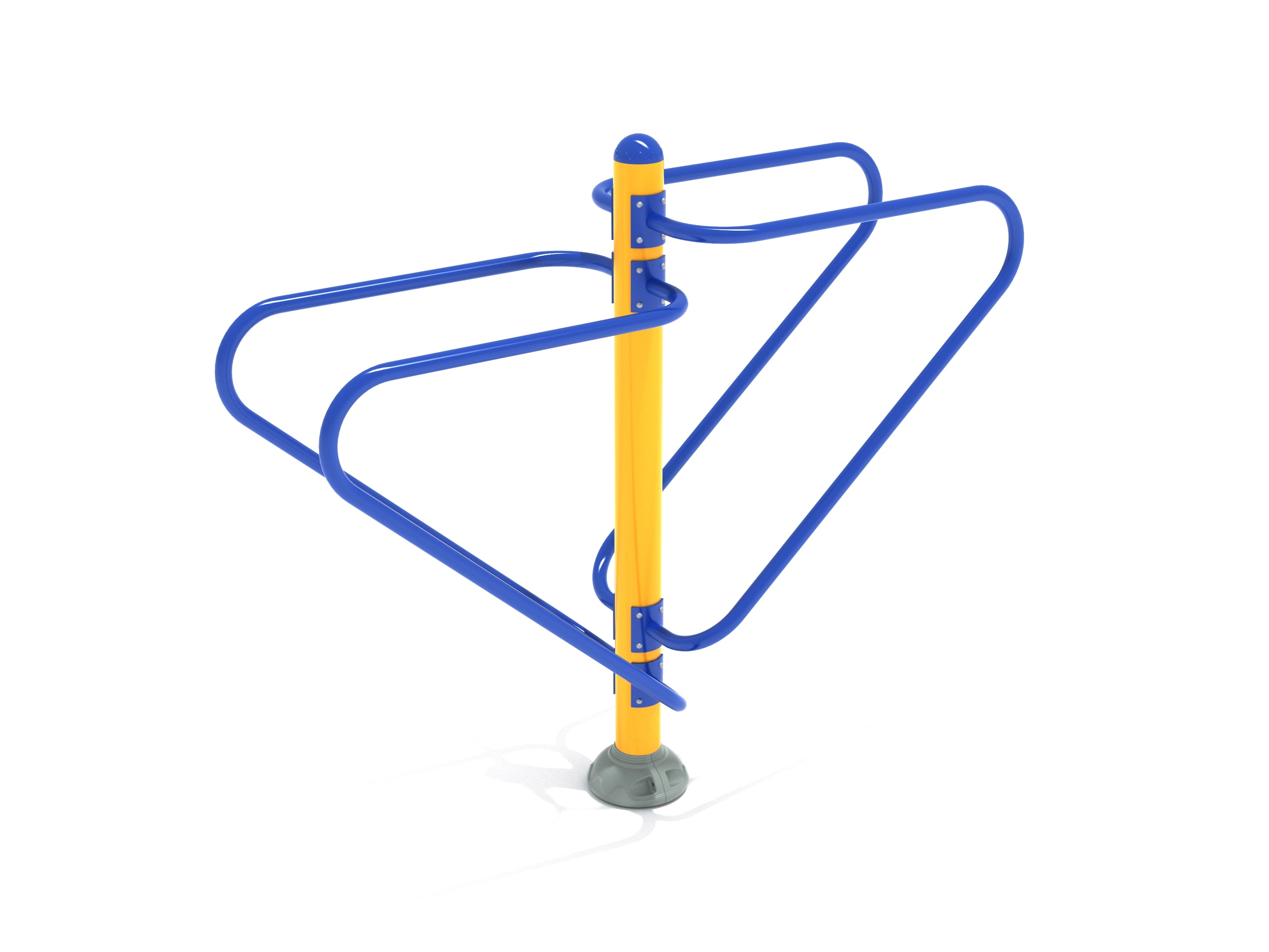 Double Station Dip outdoor workout equipment with blue dip bars and yellow central post for upper body exercise in a public outdoor gym setting