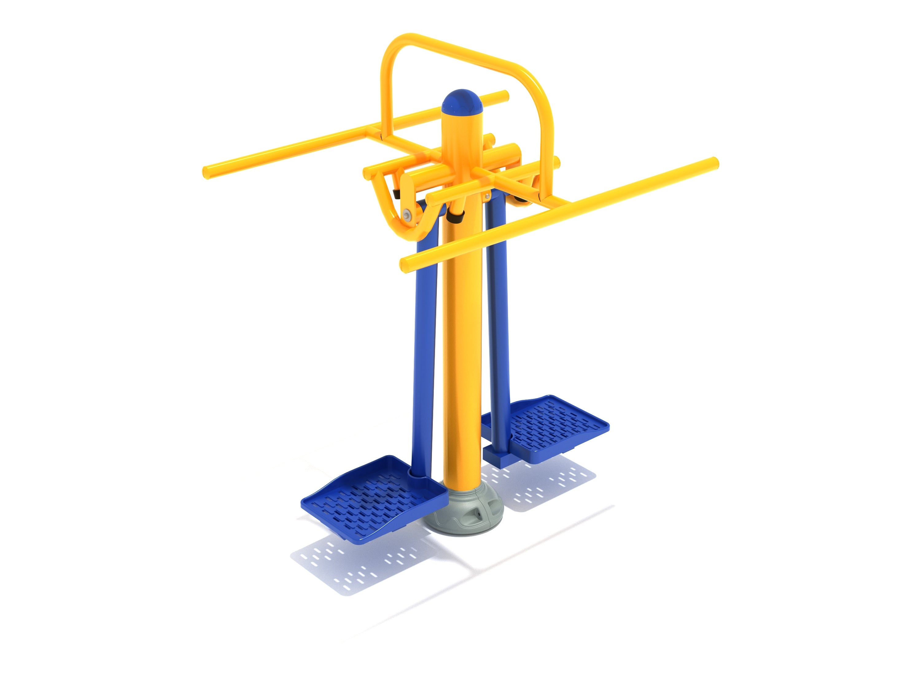 Double Station Pendulum Swing outdoor fitness equipment in yellow and blue with dual foot platforms and hand grips for adult exercise