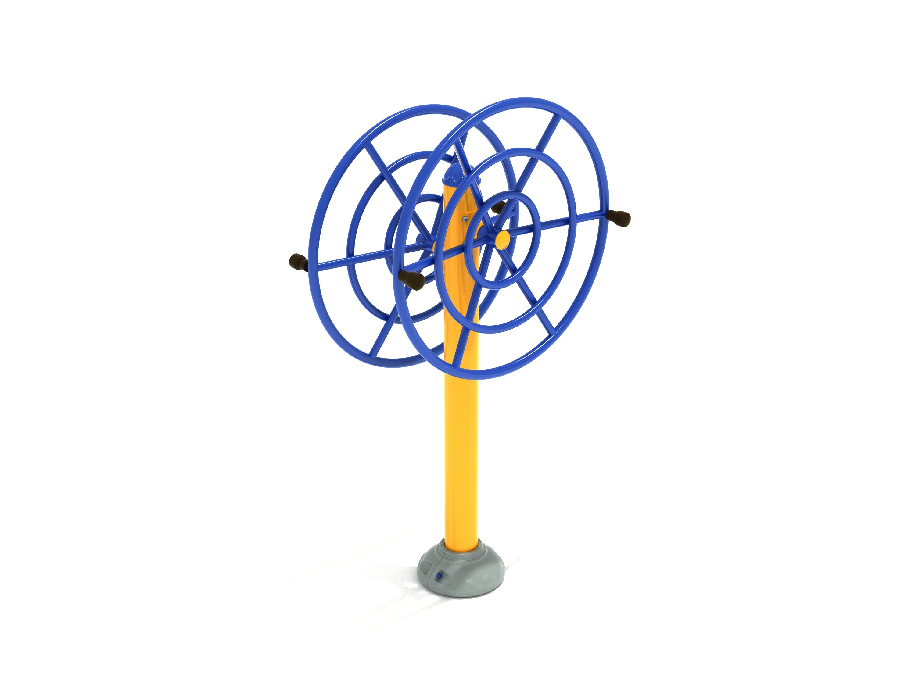 Double Station Shoulder Rotation outdoor fitness equipment with dual blue rotating wheels and yellow support post for shoulder stretching