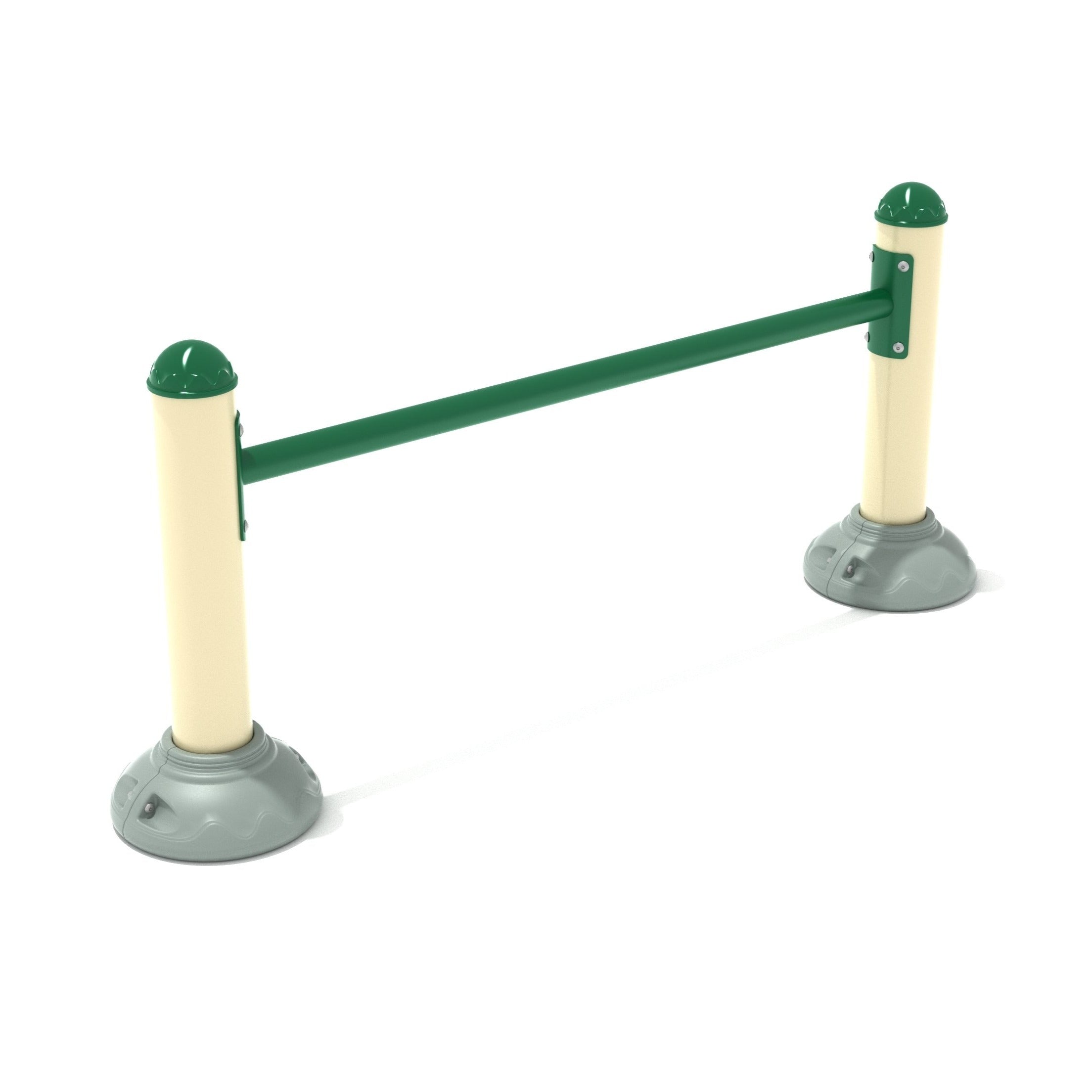 Outdoor fitness push-up bar with green horizontal steel bar and beige vertical posts on gray bases