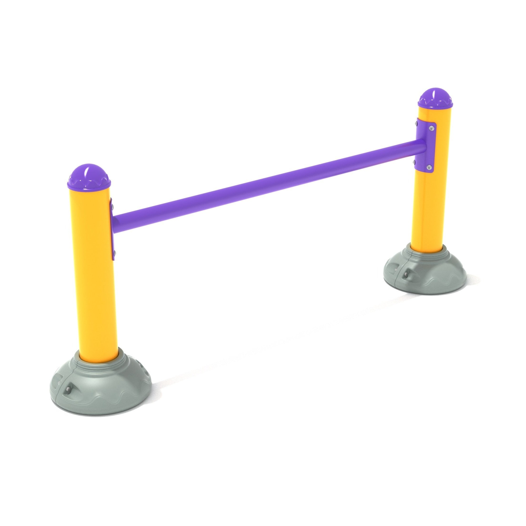 Outdoor push-up bar with purple horizontal handle and yellow vertical steel supports on gray bases for fitness training