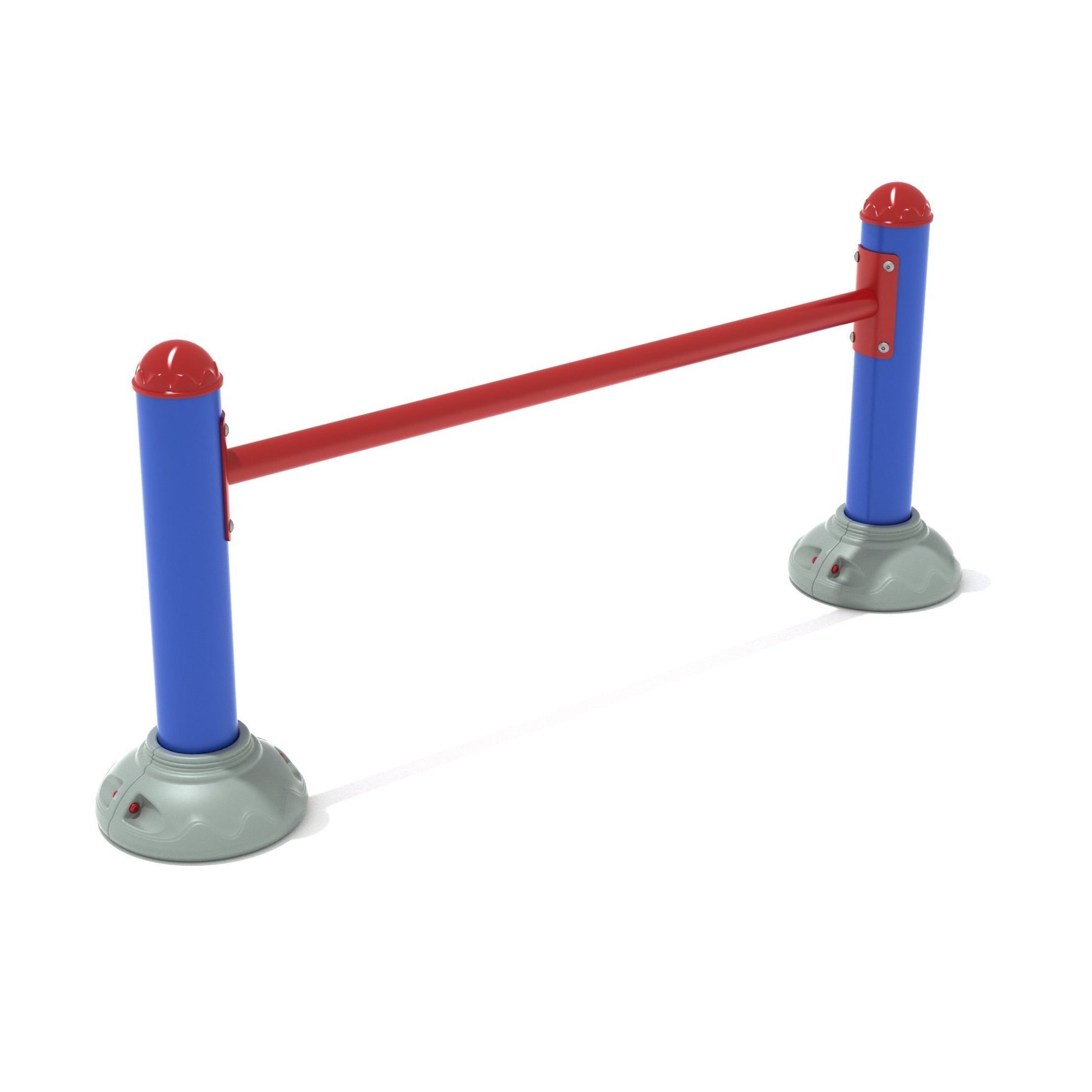 Outdoor single station push up bar with blue vertical posts, red horizontal bar, and gray bases for fitness workouts