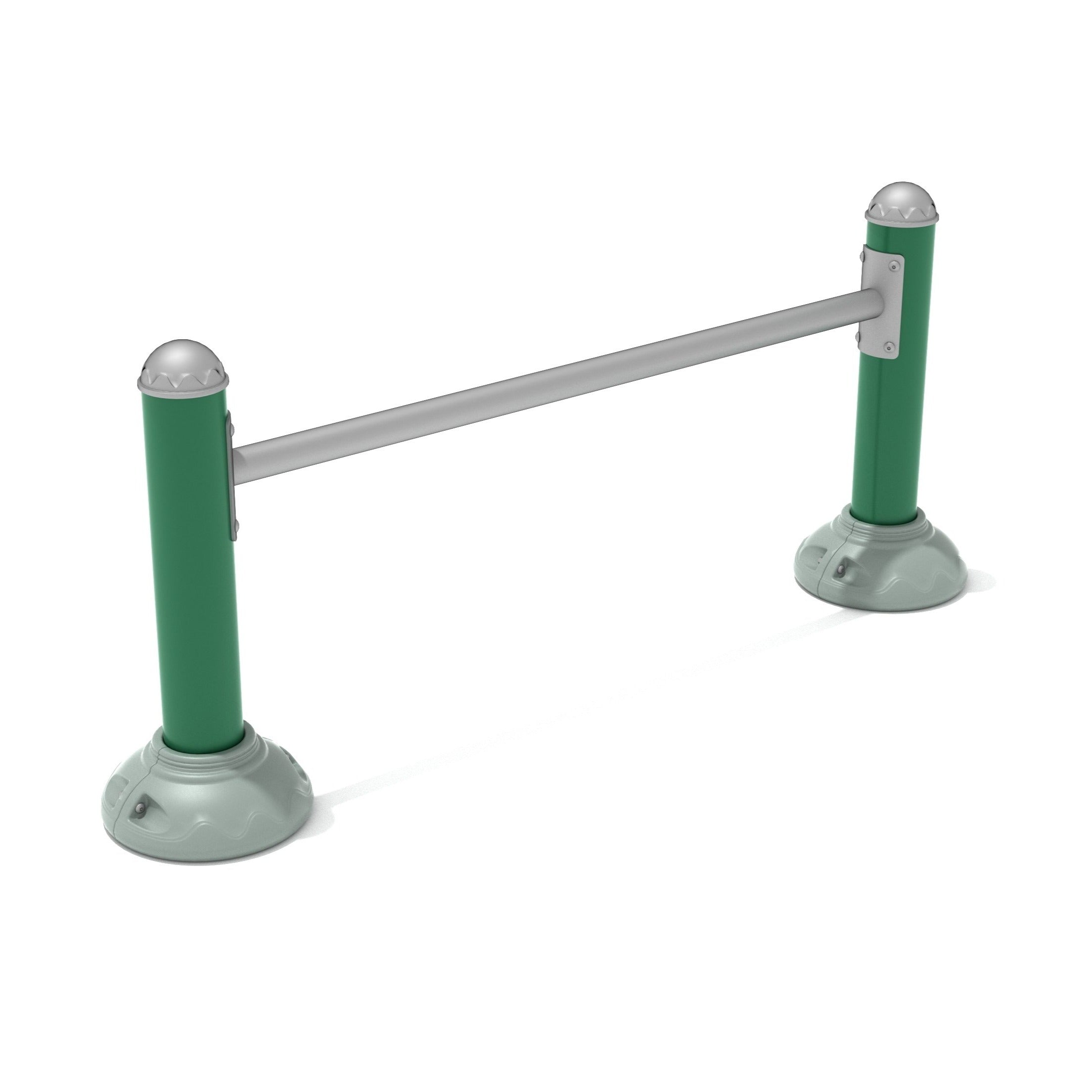 Outdoor single station push up bar with green steel support posts and silver horizontal grip bar for fitness workouts
