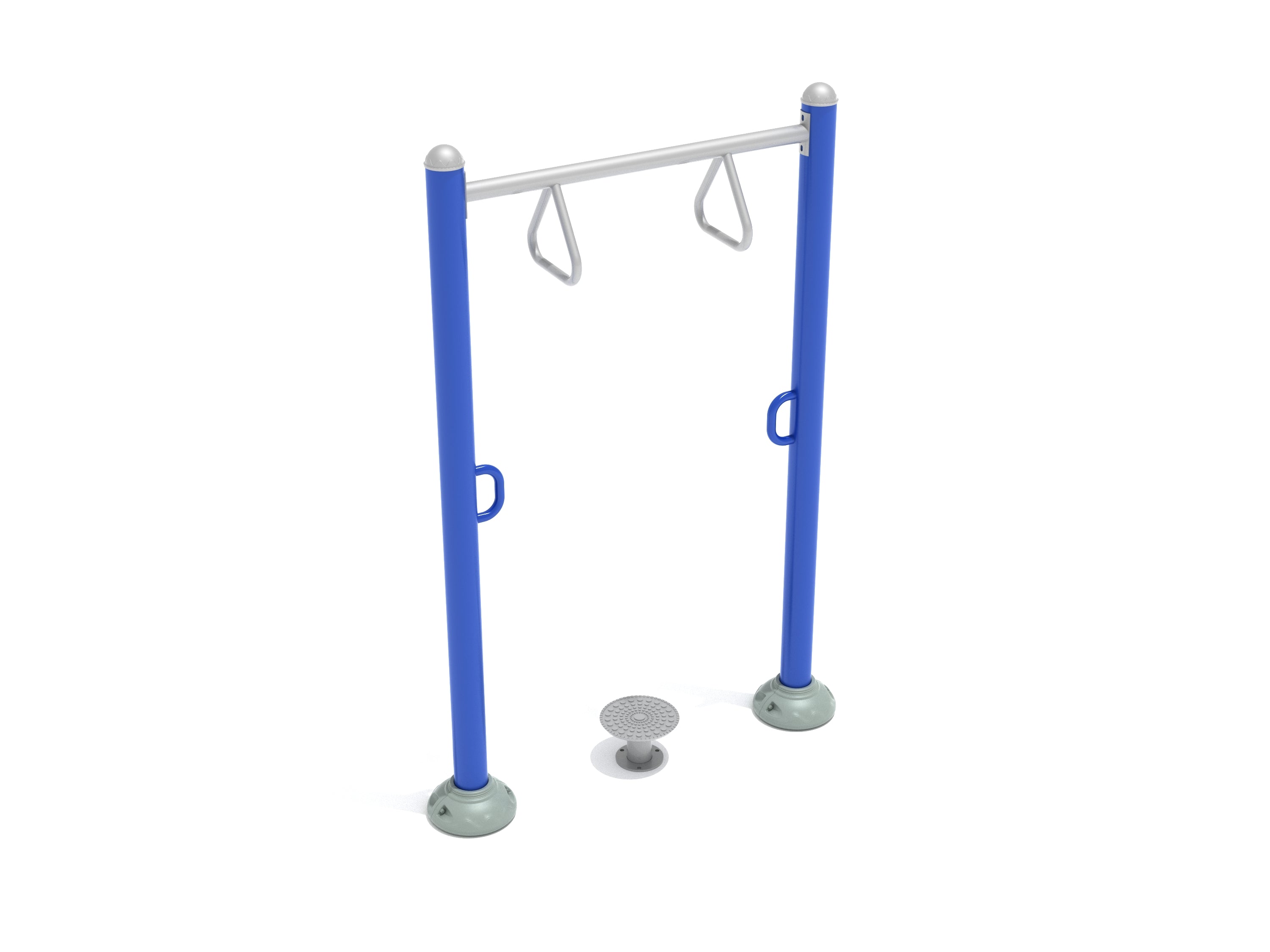 Single Station Waist Twister outdoor fitness equipment with blue support posts, overhead and lower handles, and textured non-slip spinning platform