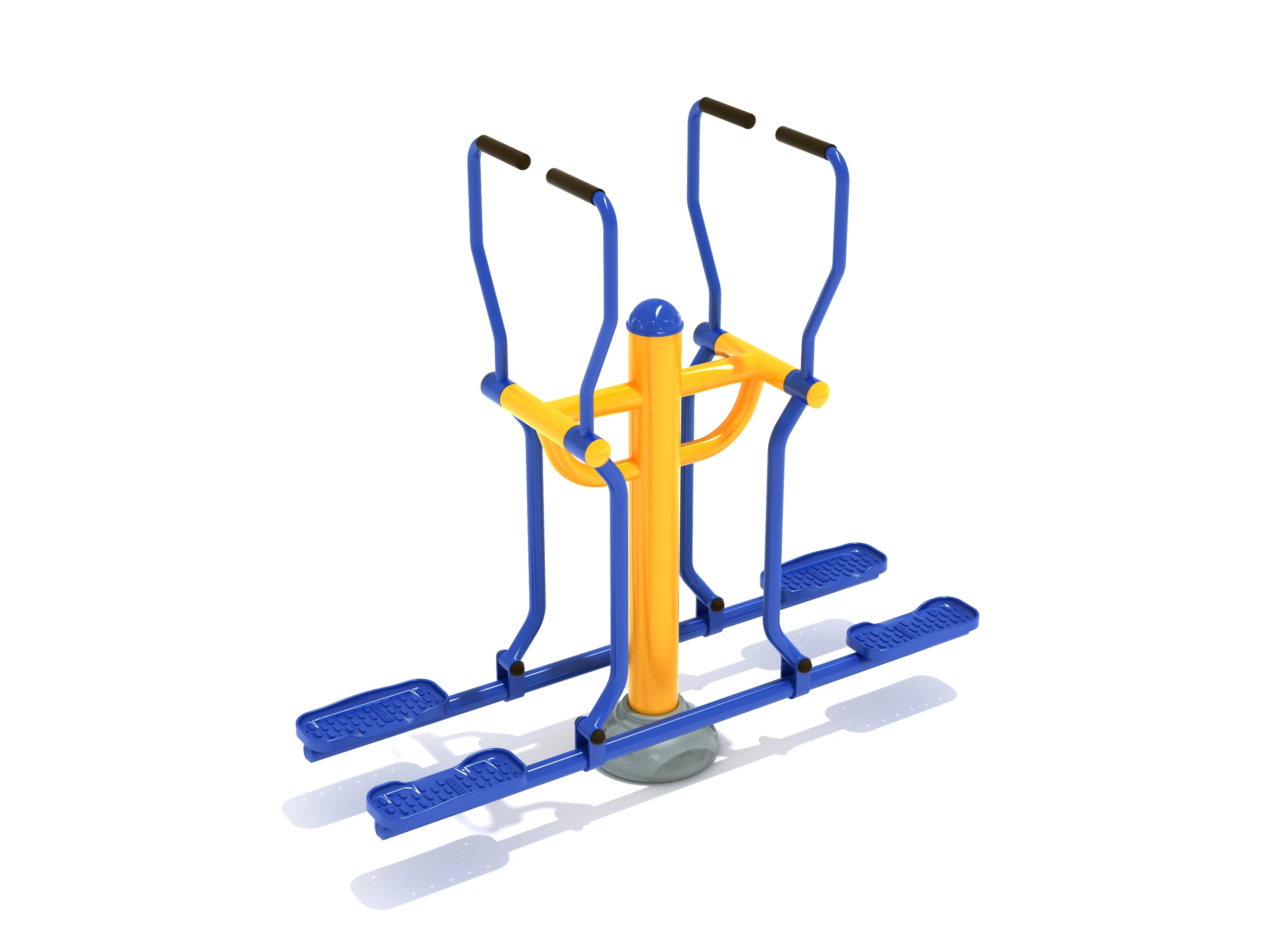 Double Station Glider outdoor workout equipment with blue foot pedals, yellow frame, padded hand grips, and high-traction surfaces for cardio and leg exercise