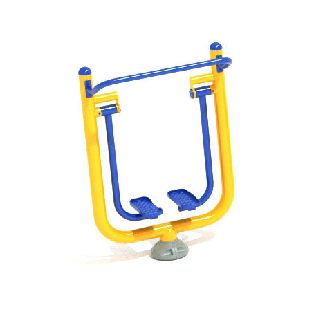 Outdoor fitness equipment with yellow frame and blue foot pedals for gliding walking exercise on Training Day course