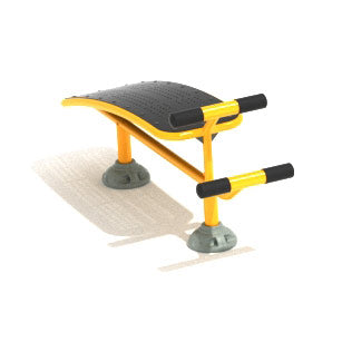 Outdoor abdominal workout sit-up bench with curved black platform and yellow metal frame