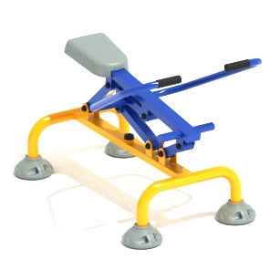 Outdoor rowing machine with yellow frame, blue seat and handles, designed for full-body endurance workout
