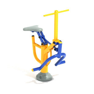 Outdoor fitness machine with yellow and blue frame, gray seat, and foot pedals for leg and arm exercise